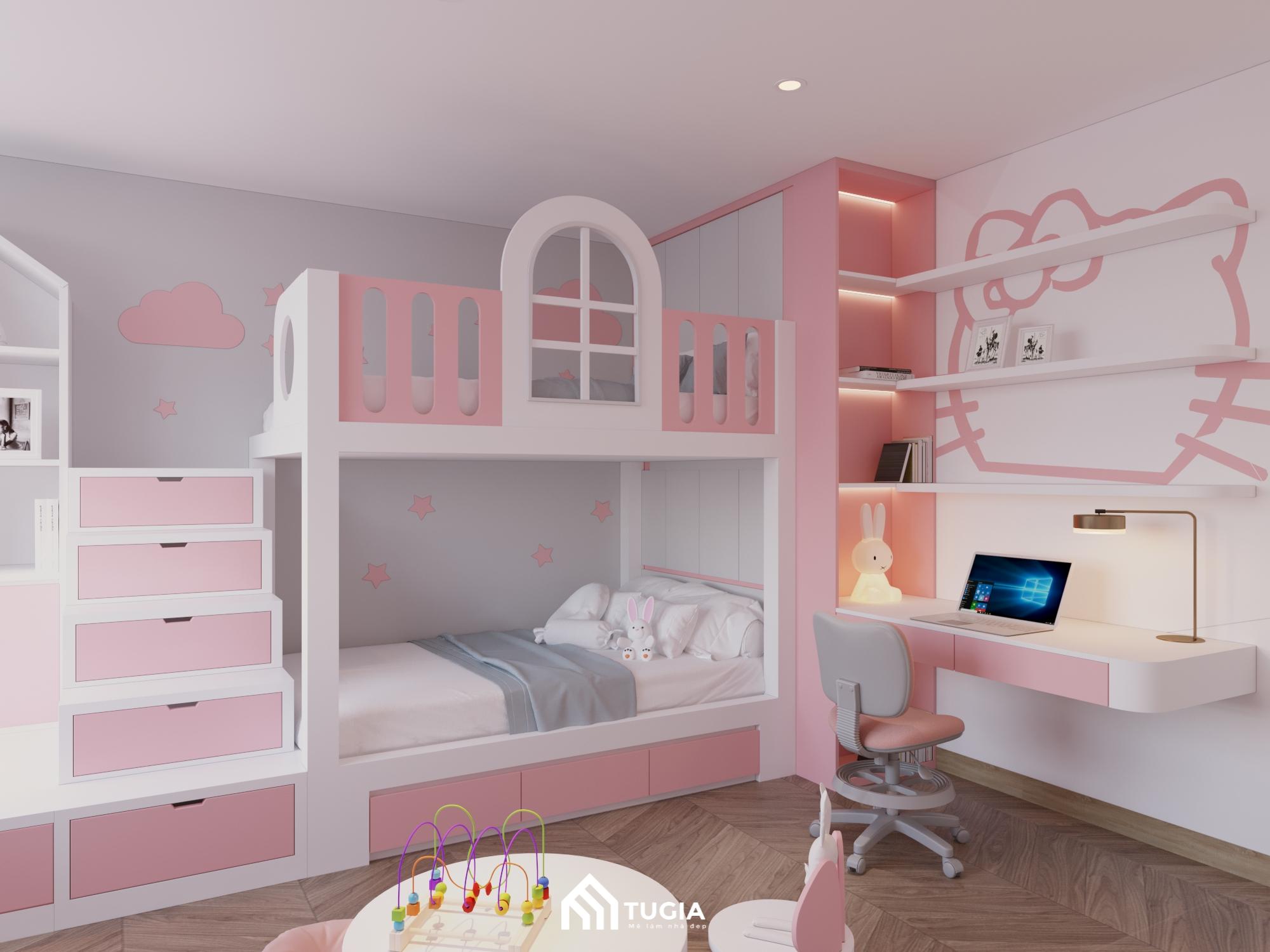 Phòng ngủ của bé gái nổi bật cá tính với tone màu hồng pastel cùng họa tiết Hello Kitty dễ thương