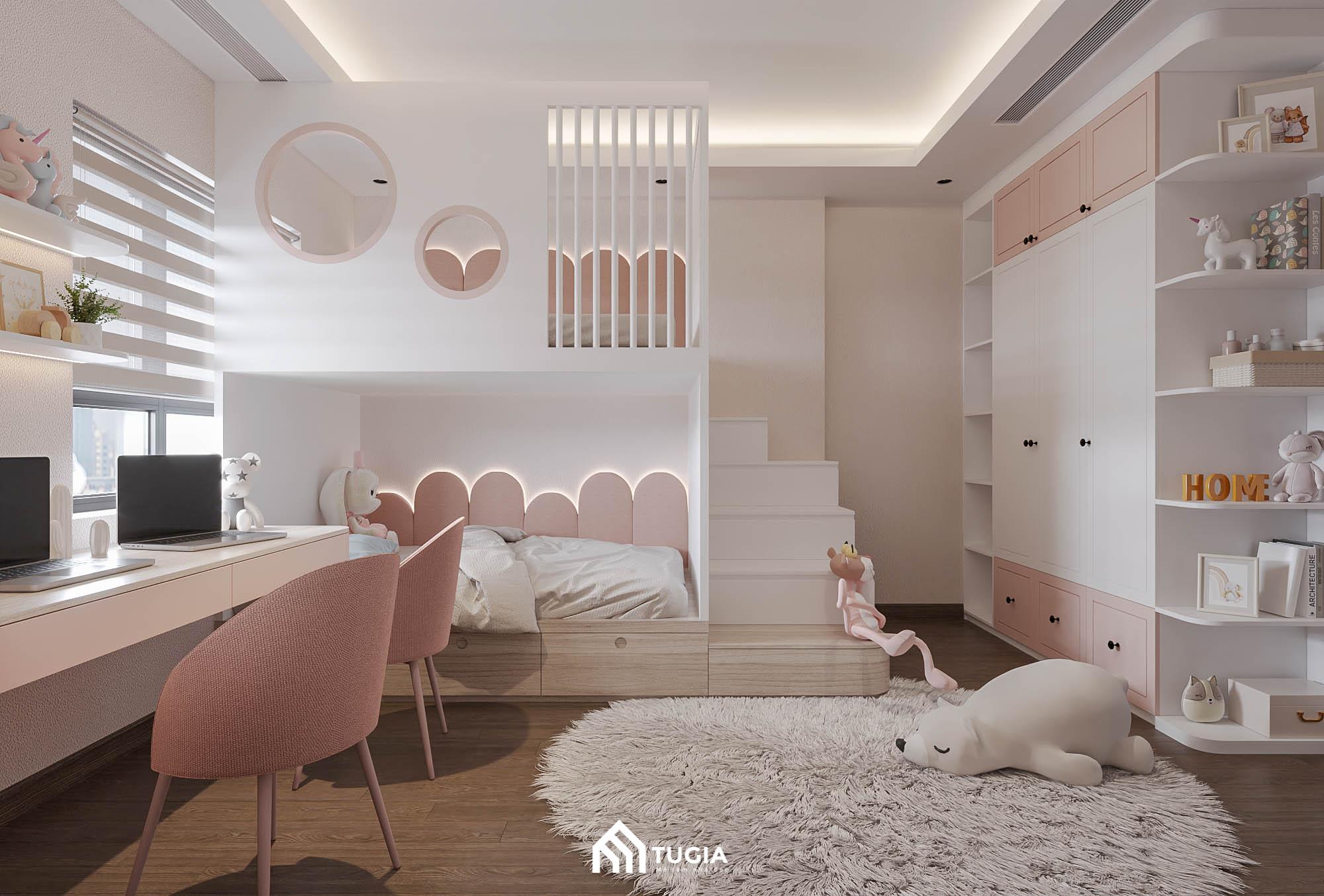 Thiết kế nội thất phòng ngủ trẻ em màu hồng sáng tạo hơn bởi các chi tiết trang trí ngộ nghĩnh