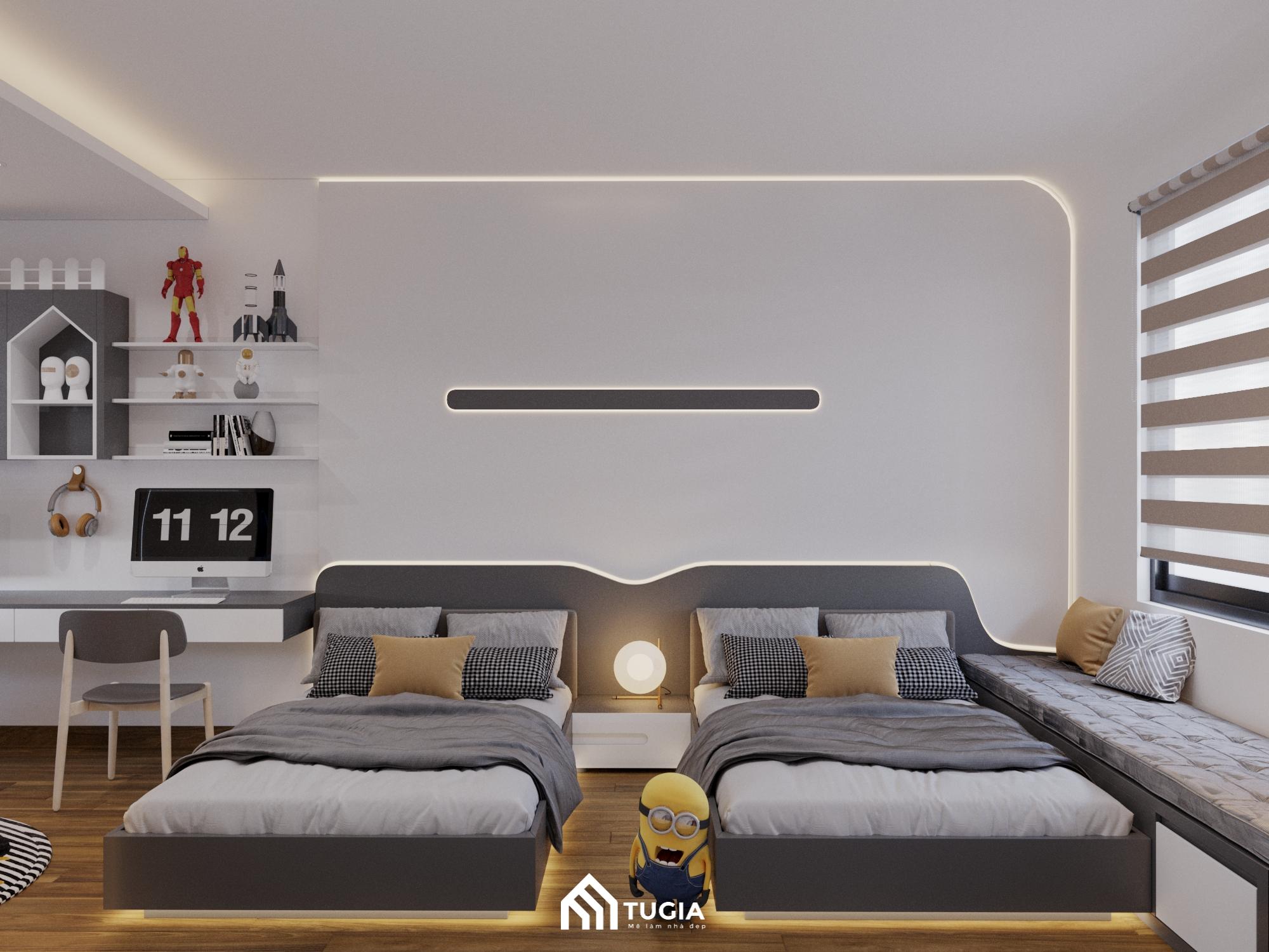 Thiết kế 2 giường đơn cho 2 bé trai với tone màu nhẹ nhàng, tinh tế là cách bố trí khá phổ biến trong thời gian gần đây