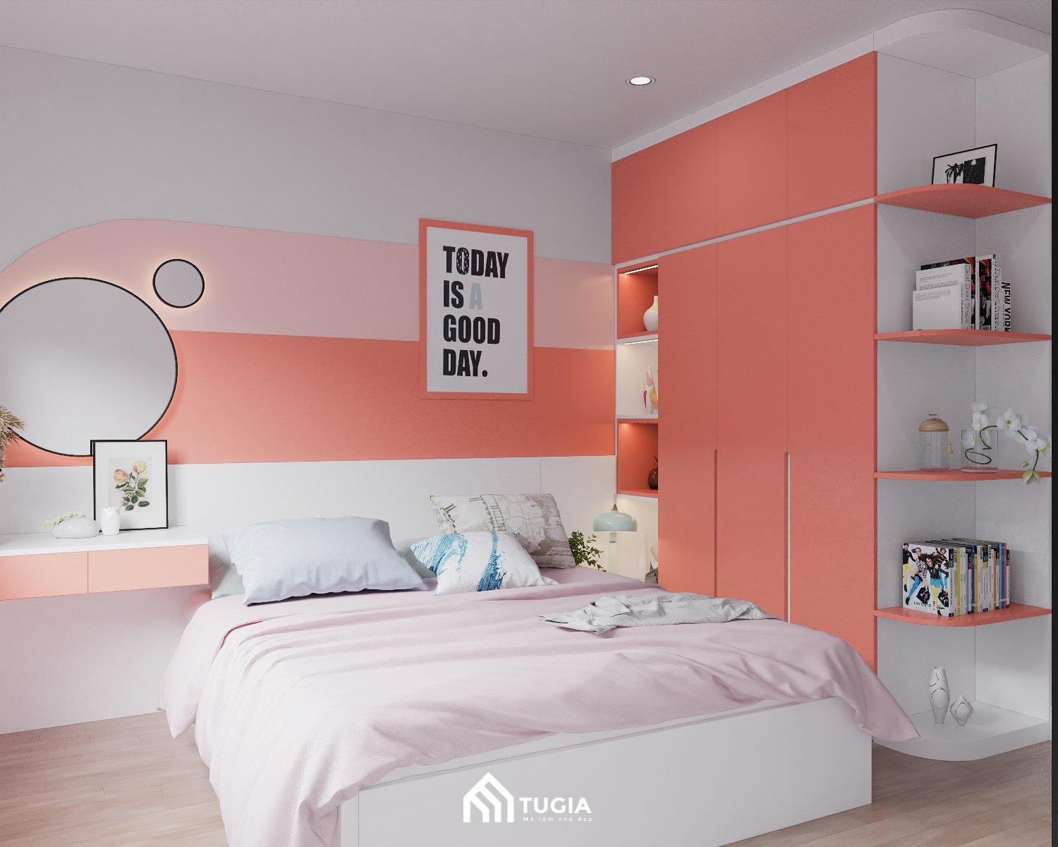 Với những tông màu nóng như hồng cam cần pha trộn thêm những tông màu nhẹ nhàng như ghi, trắng để giúp không gian trở nên dịu nhẹ hơn