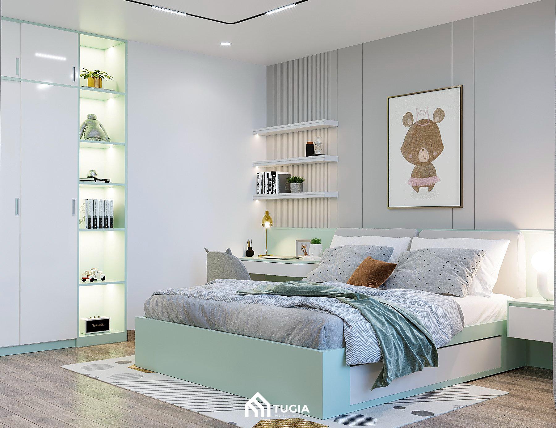 Decor phòng ngủ cho bé gái với tone màu sáng kết hợp với đầy đủ nội thất cho bé sinh hoạt
