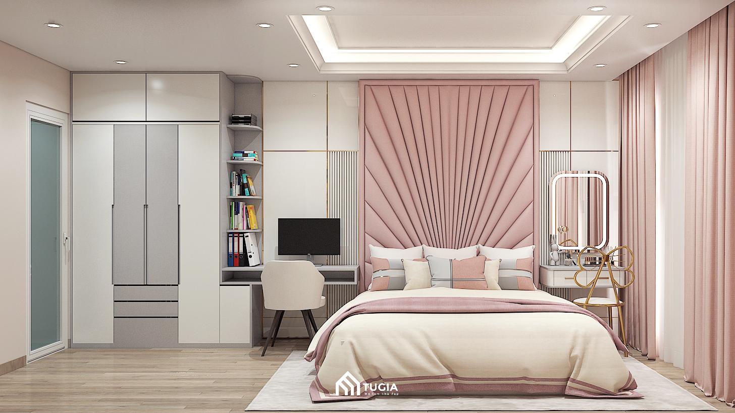 Thiết kế nội thất phòng ngủ trẻ em theo phong cách tân cổ điển nhẹ kết hợp cùng tông màu hòng vô cùng đáng yêu