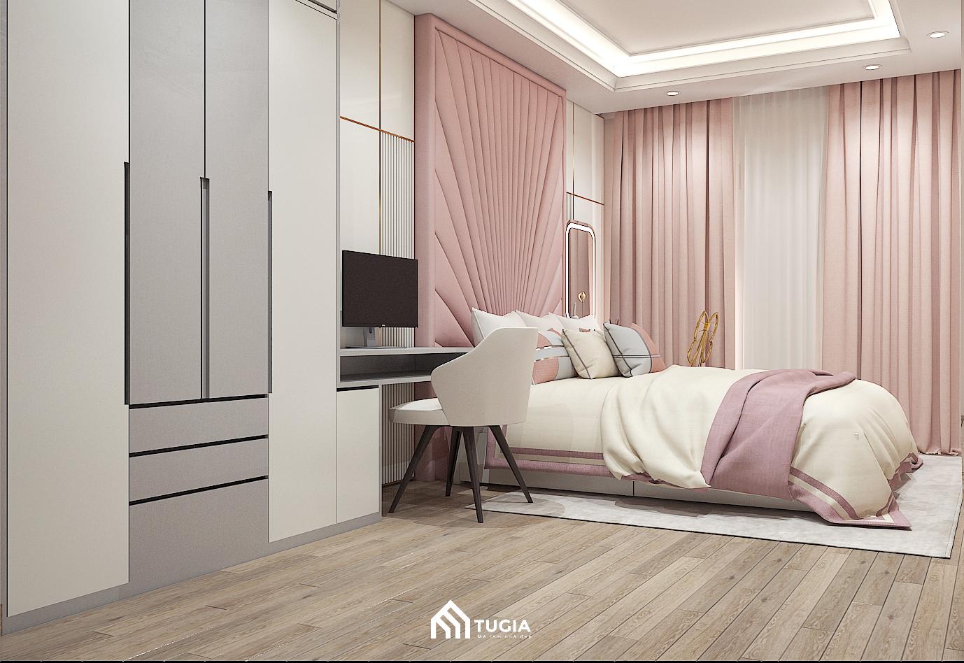 Phòng ngủ trẻ em tân cổ điển với vách ốp tường trang trí kết hợp rèm cửa cỡ lớn màu hồng