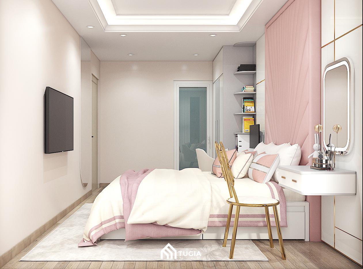 Mẫu thiết kế phòng ngủ sử dụng tone màu chủ động là màu hồng nhạt nhẹ nhàng và nữ tính