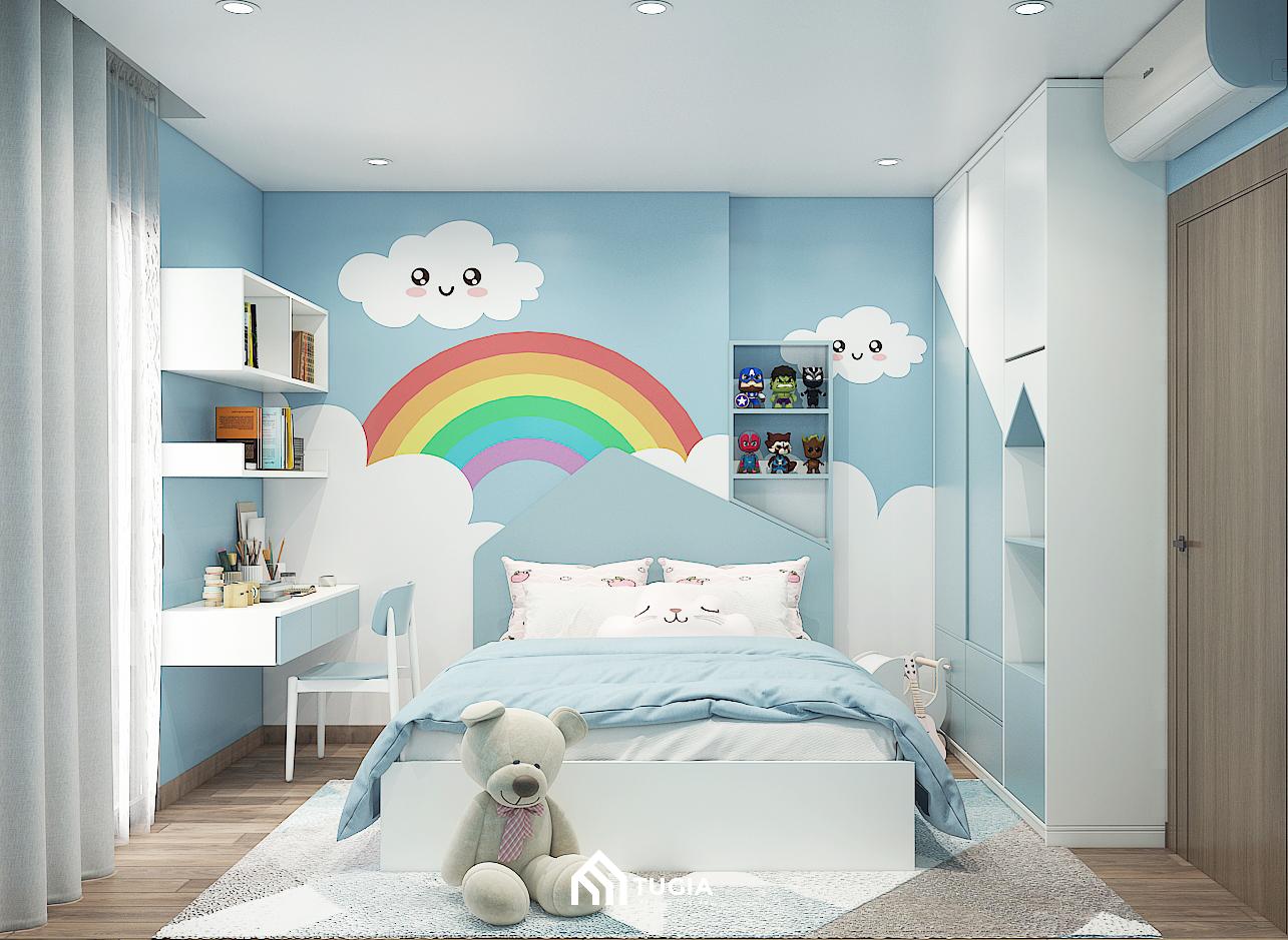 Phòng ngủ tone màu xanh tươi sáng và ấm áp cho bé trai với chủ đều cầu vồng được khá nhiều bạn nhỏ yêu thích