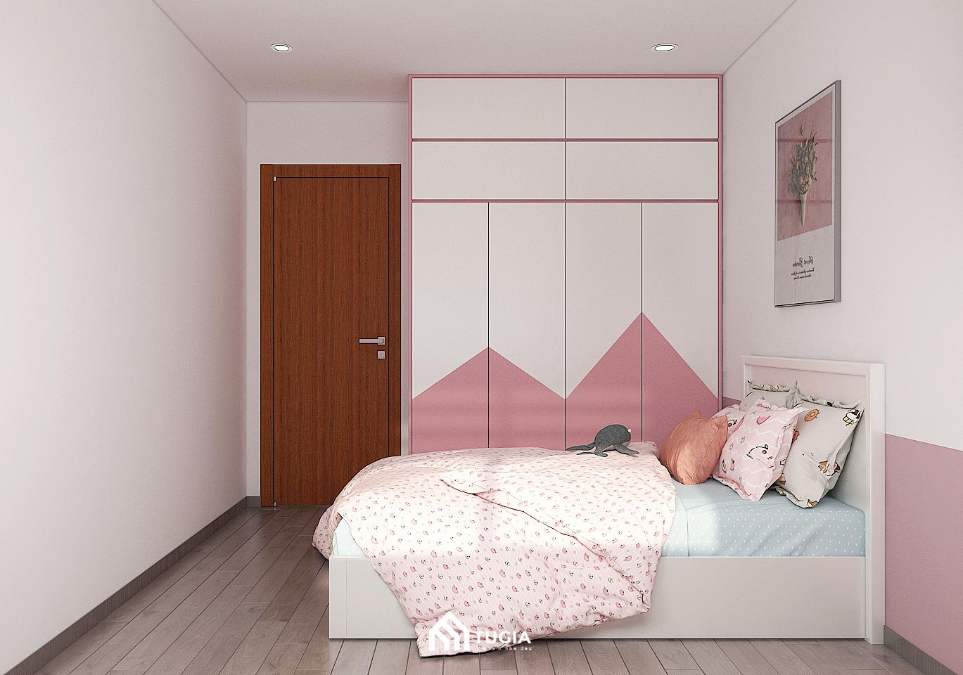 Các đồ nội thất được sơn màu hồng giúp đồng bộ với tổng thể không gian phòng ngủ đẹp cho bé