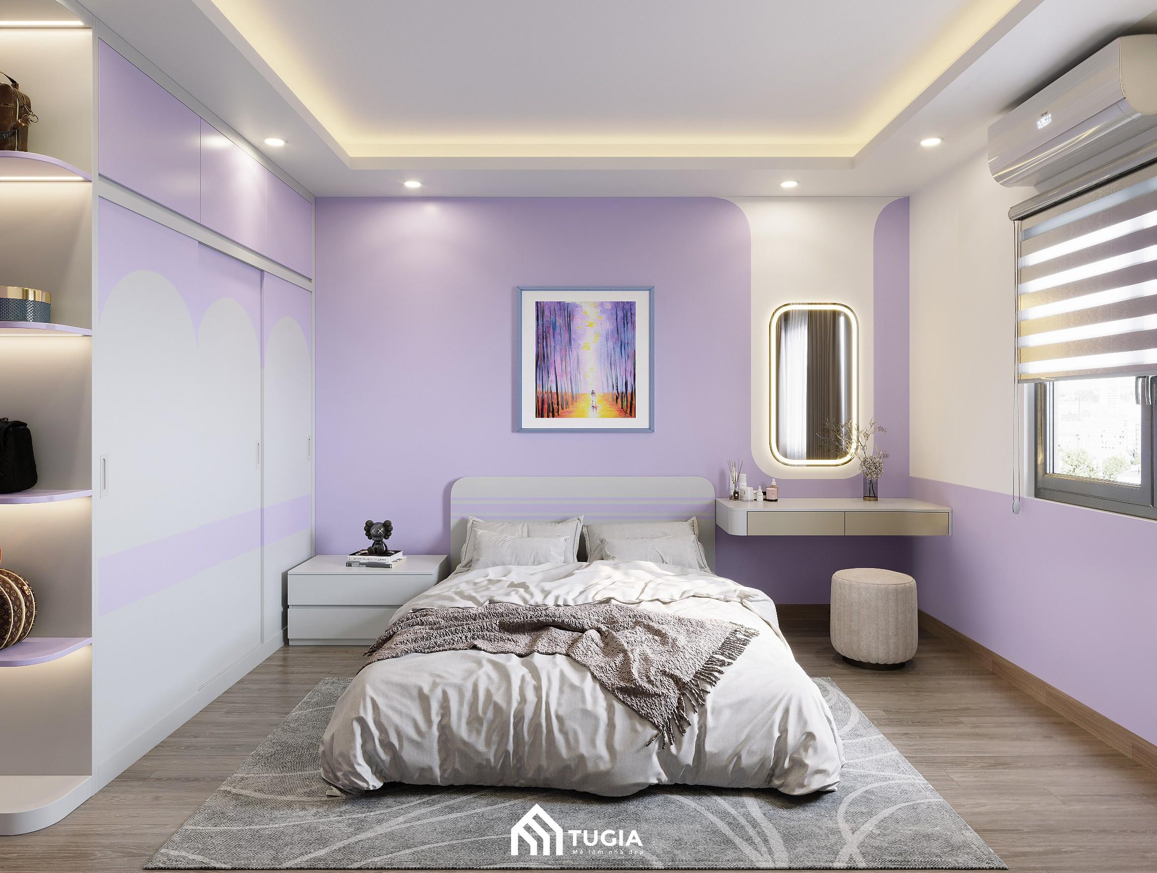 Mẫu thiết kế vợ chồng phòng ngủ đẹp với bảng màu tím pastel hài hòa và nhẹ nhàng