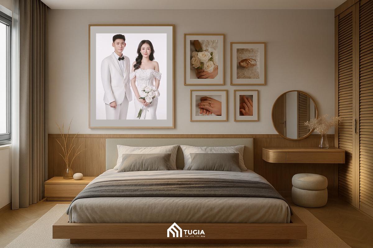 Trang trí phòng ngủ đẹp cho vợ chồng mới cưới với ảnh cưới được treo sau background phòng ngủ