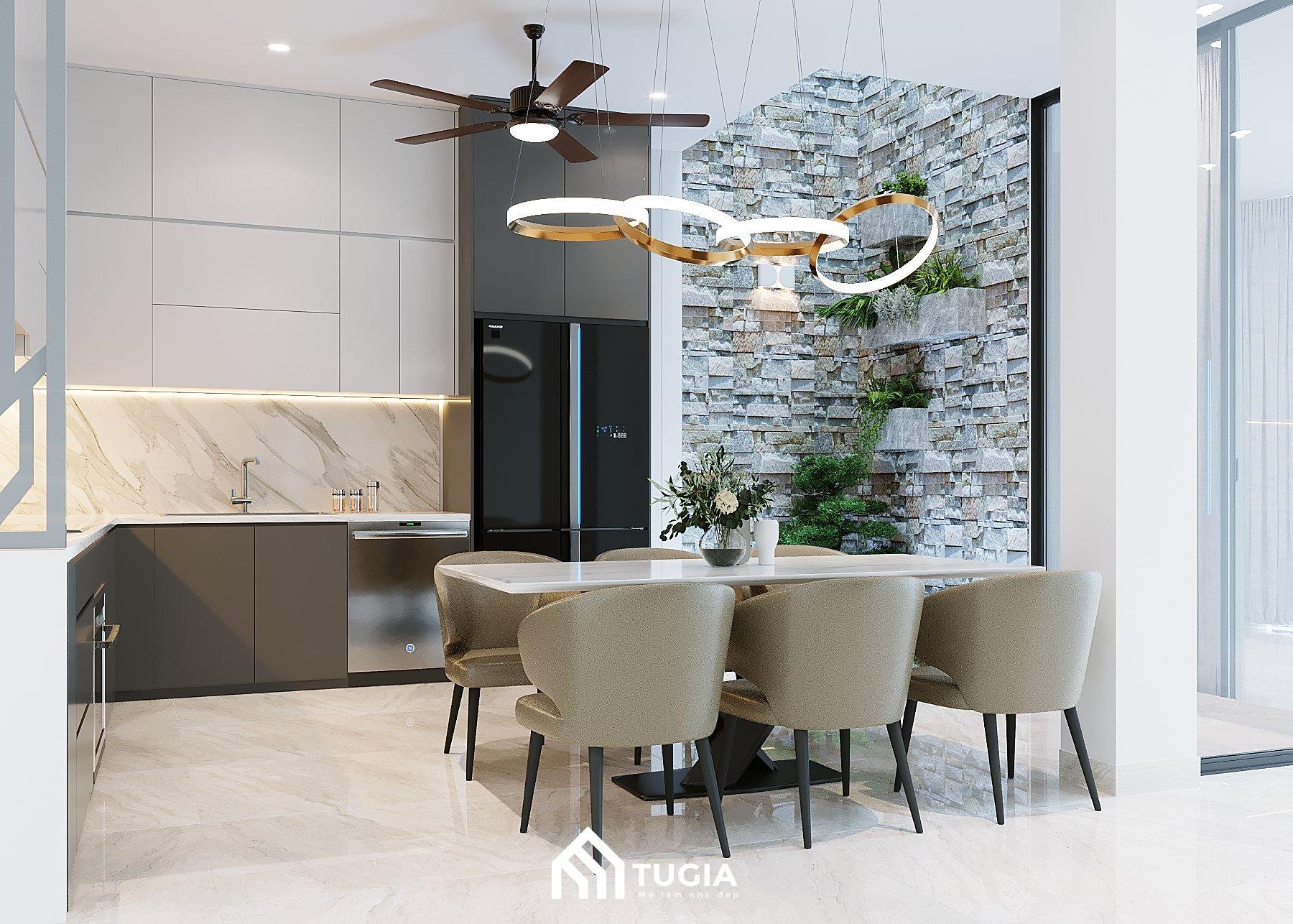 Hệ thống giếng trời kết hợp với cây xanh giúp không gian bếp ăn tràn ngập sức sống là điểm không thể thiếu ở phong cách luxury