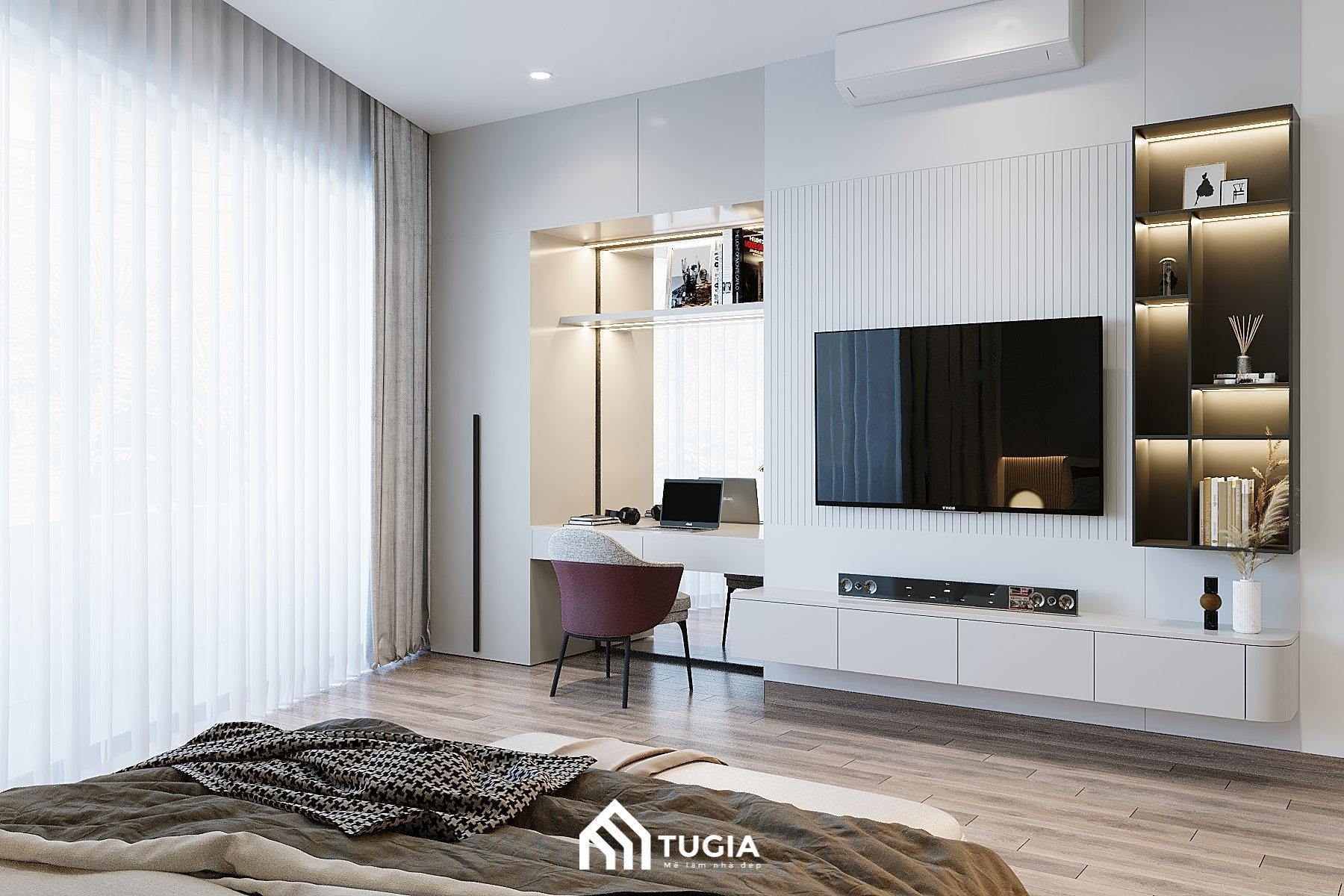 Nội thất Tứ Gia thiết kế phòng ngủ cho vợ chồng gia chủ với nhiều tiện ích như kệ tivi trang trí, kệ treo tường giúp tăng diện tích để đồ
