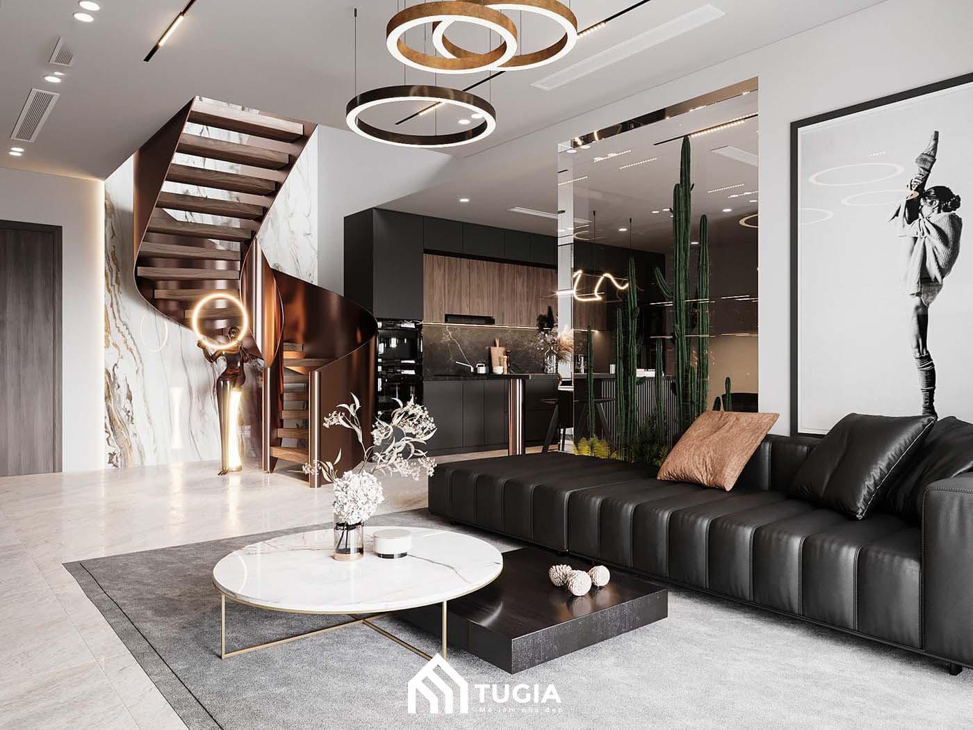 Sofa da bọc đệm êm ái với tone màu đen tạo cảm giác sạch sẽ, sang trọng