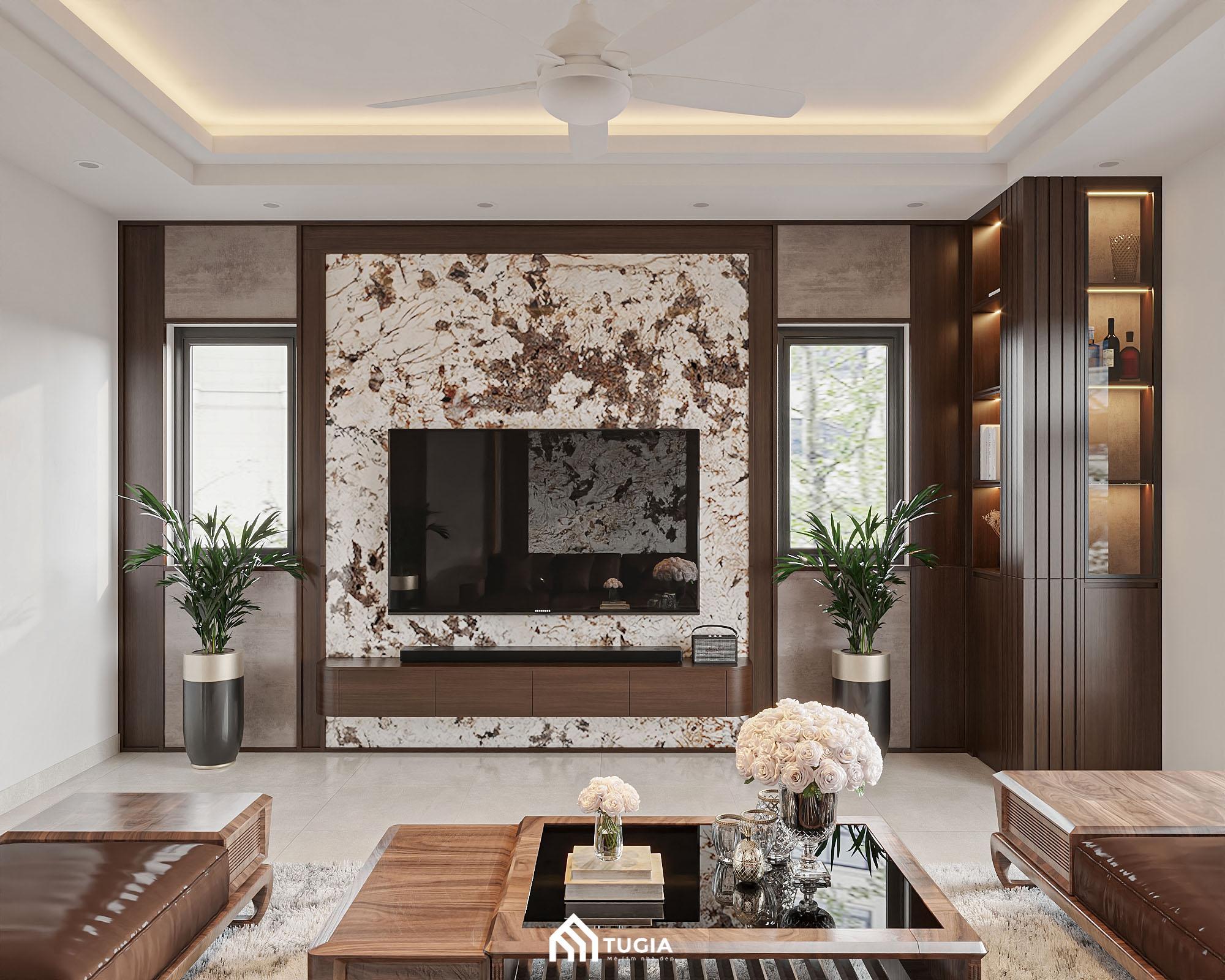 Nội thất cao cấp bằng gỗ tự nhiên kết hợp với vách ốp bằng đá Marble tạo điểm nhấn nổi bật cho không gian