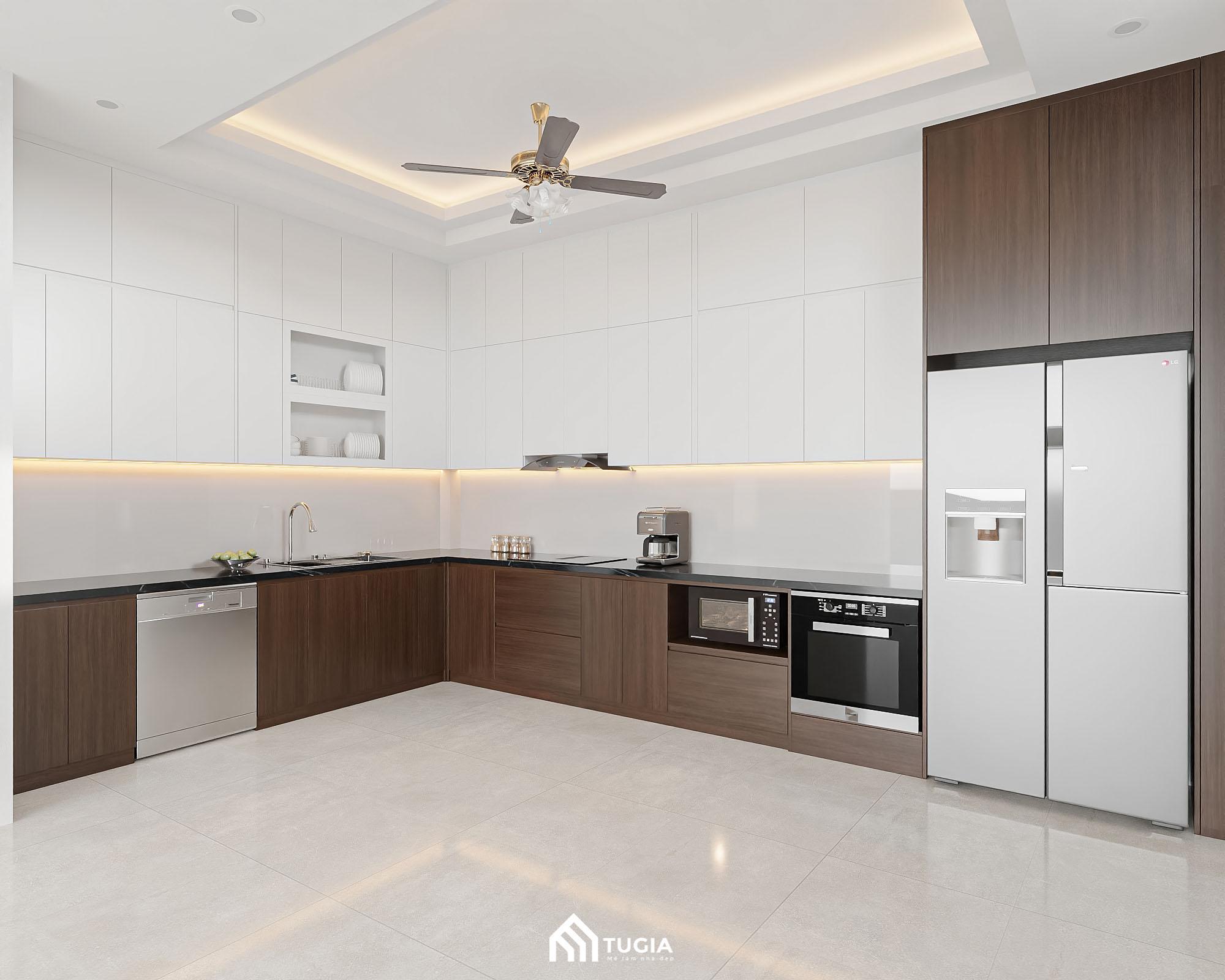 Hệ tủ bếp bằng gỗ công nghiệp MDF cao cấp được bố trí theo hình chữ L vô cùng tiện nghi