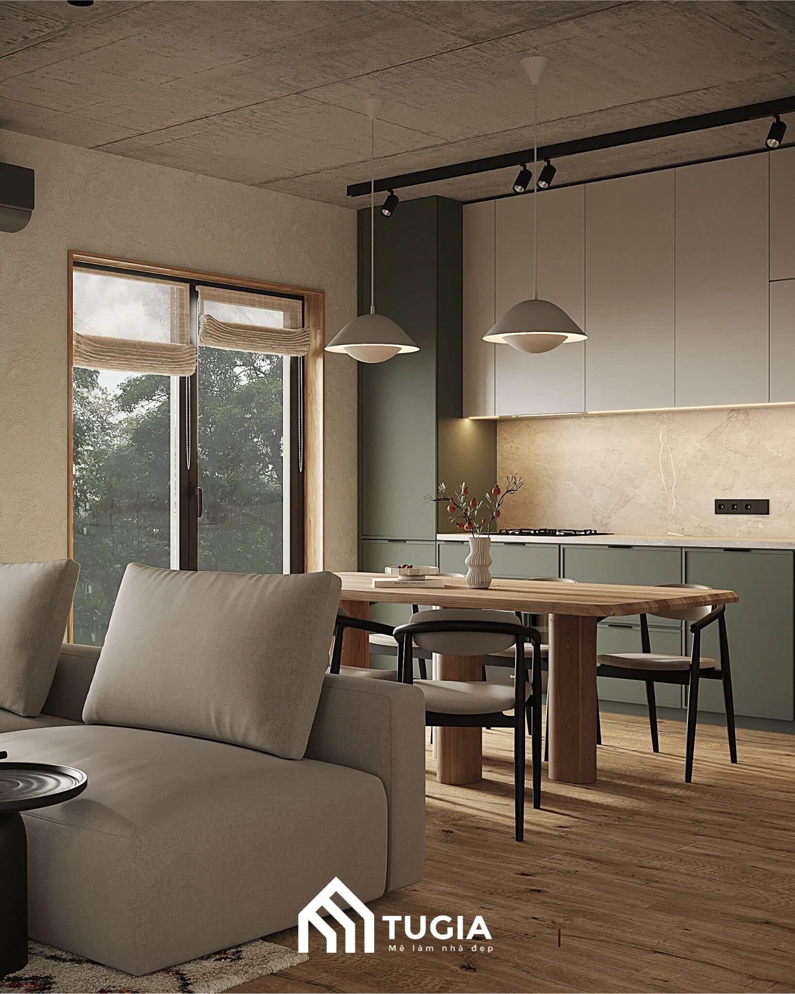 Thiết kế bếp gọn gàng cho nhà phố có diện tích nhỏ với việc chỉ sử dụng những đồ nội thất tối gọn