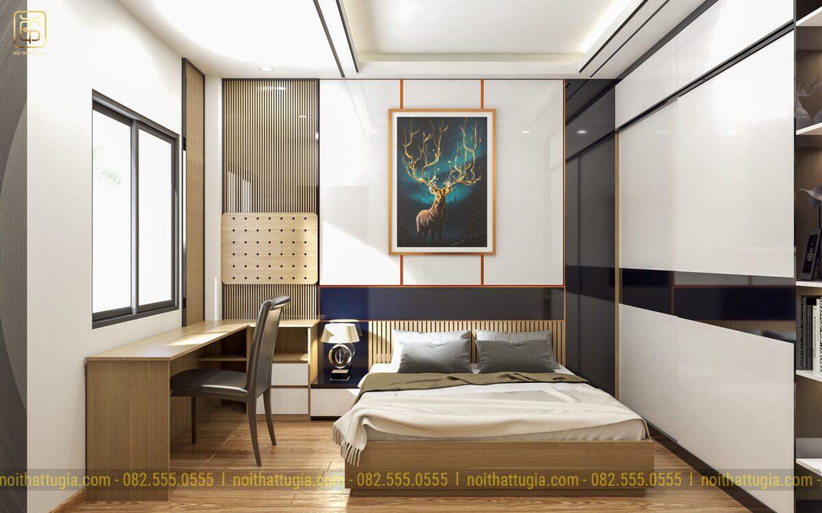 Phòng ngủ con trai với thiết kế nội thất đơn giản với tone màu nhẹ nhàng để đồng bộ với tổng thể không gian