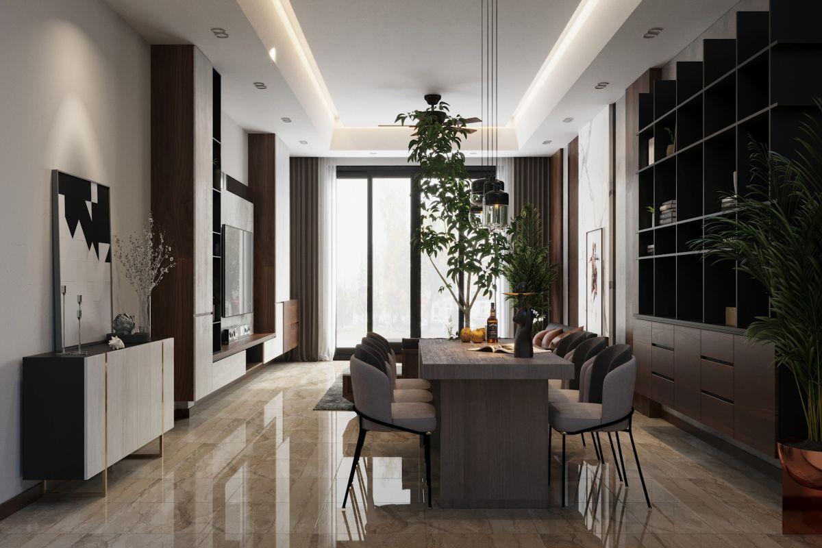 Căn phòng tràn ngập sức sống với cây xanh và gỗ tự nhiên ấn tượng chính là điều mà gia đình Anh Giang mong muốn