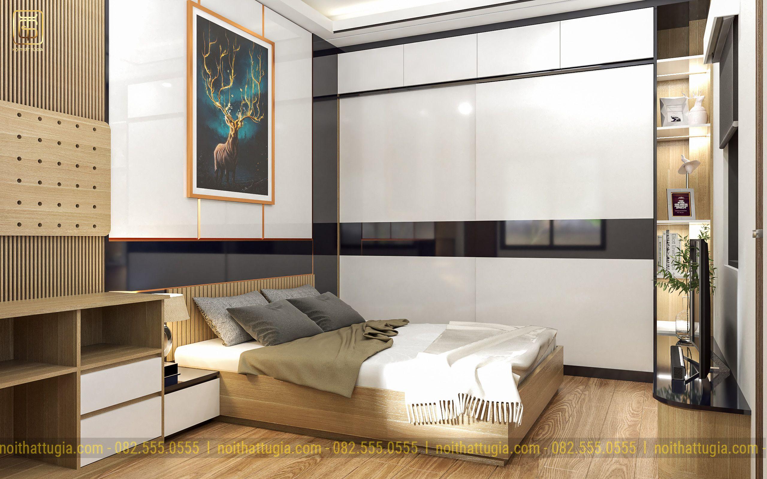 Thiết kế nội thất nhà phố với tủ quần áo kịch trần bằng gỗ công nghiệp giúp tăng không gian lưu trữ nhưng vẫn tối ưu chi phí