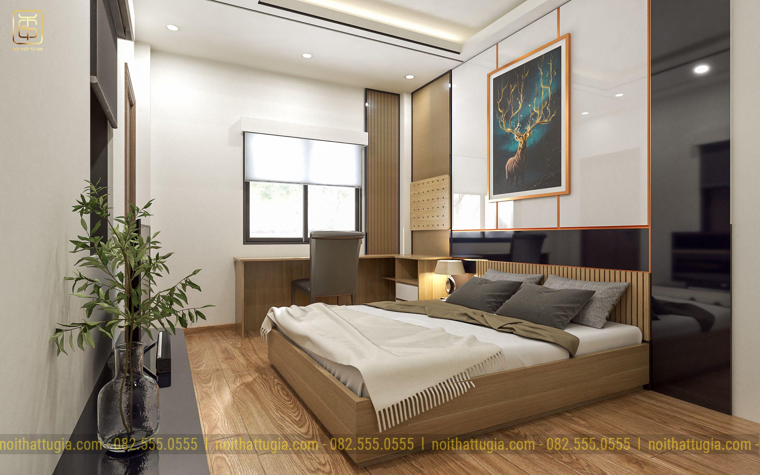 Cách bố trí nội thất phòng ngủ con trai tối giản nhưng rất tiện nghi với giường ngủ bằng gỗ công nghiệp được đặt ở giữa phòng
