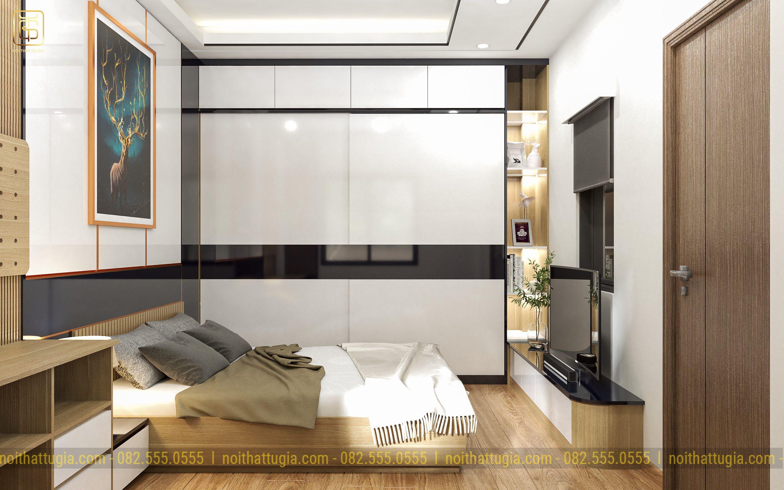 Thiết kế nội thất nhà phố ứng dụng chất liệu gỗ Melamin kế hợp với acrylic bóng gương đang là xu hướng thiết kế năm 2026