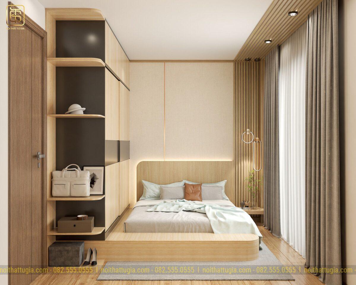 KTS tại Tứ Gia đã bố trí tủ quần áo kịch trần kết hợp giường ngủ hiện đại giúp tận dụng tối đa góc chết