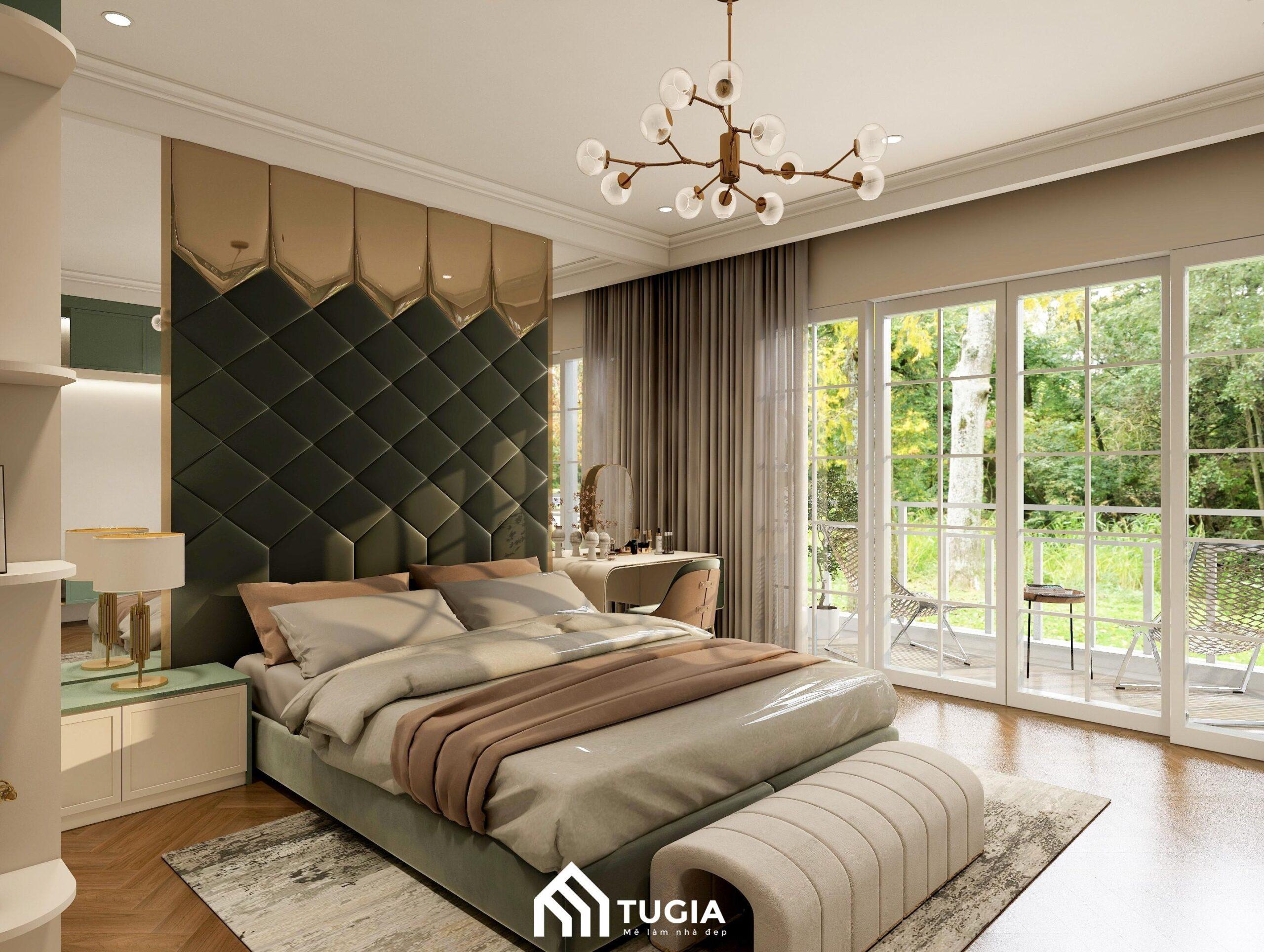Thiết kế nội thất phòng ngủ sang trọng và đẳng cấp với bộ giường ngủ kết hợp vách trang trí kịch trần