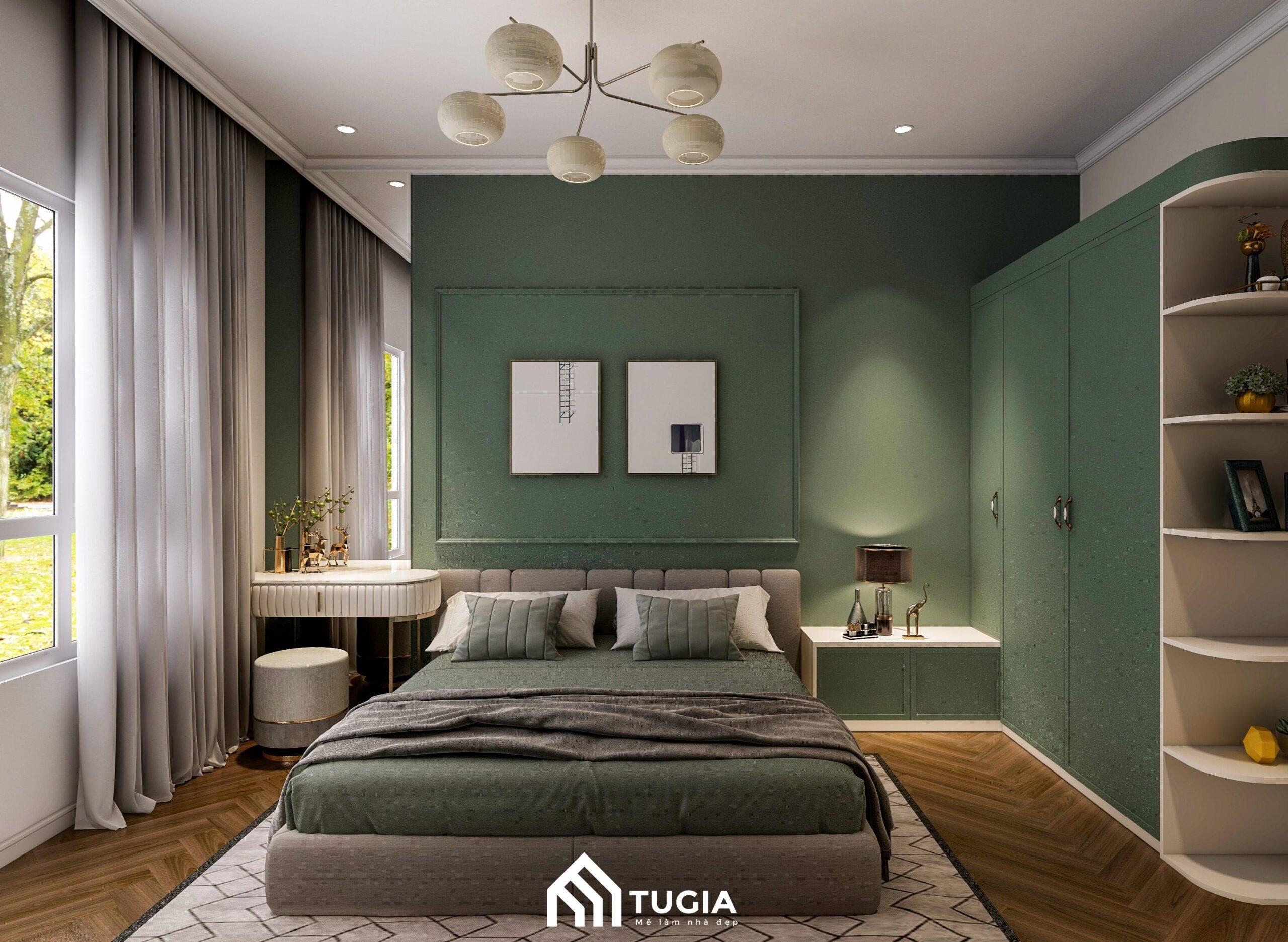 Giường ngủ được đặt ở trung tâm căn phòng giúp thuận tiện trong quá trình sinh hoạt