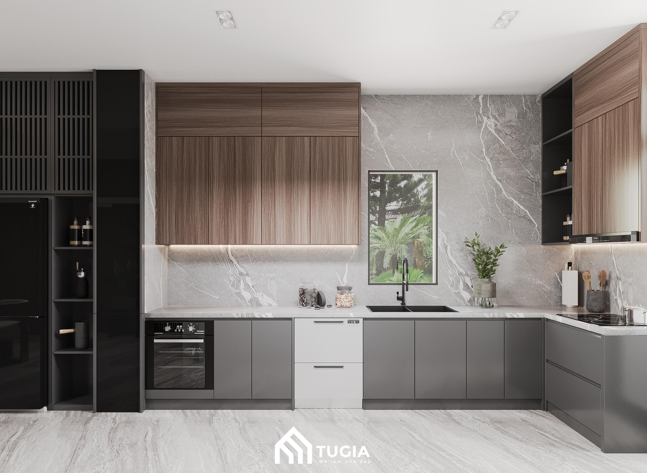 Nội thất Tứ Gia thiết kế nội thất nhà phố với phòng khách liền bếp giúp mở rộng không gian