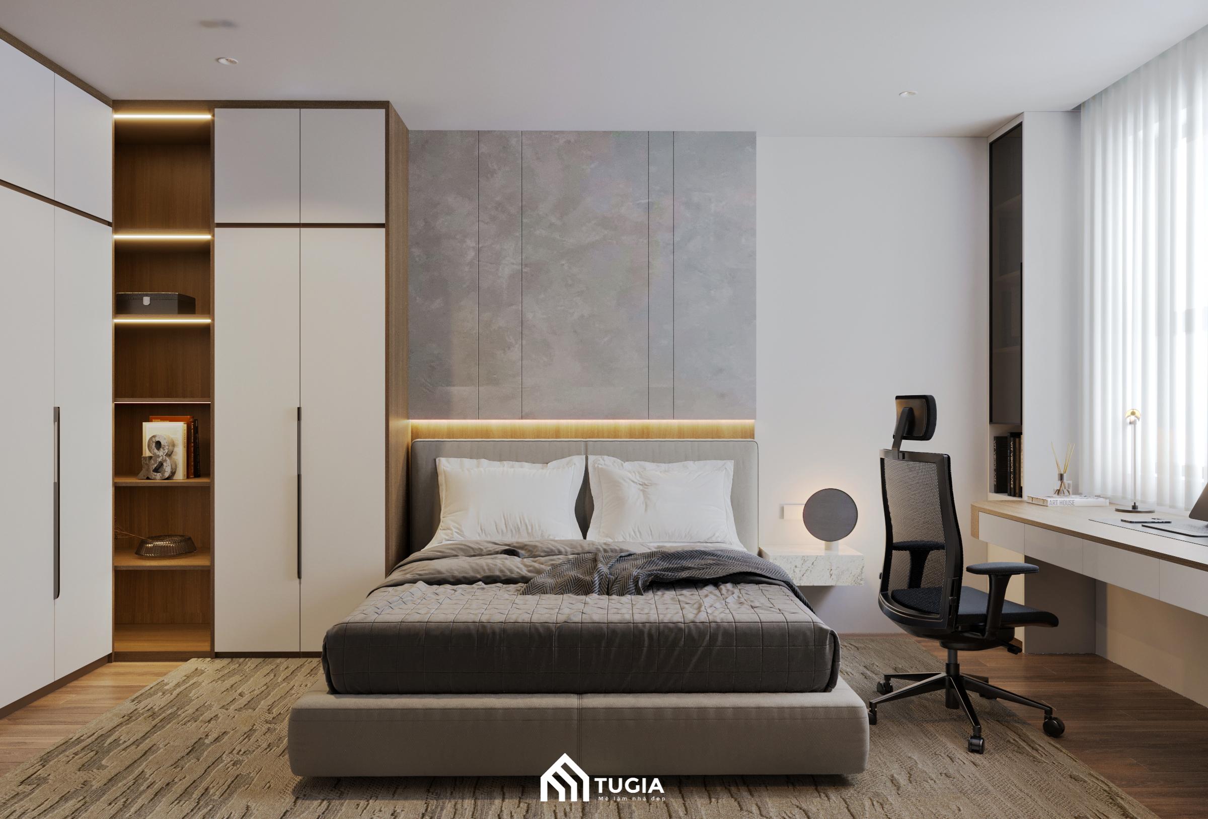 Mẫu phòng ngủ master 25m2 nội thất đơn giản với giường ngủ có thiết kế hiện đại, không cầu kỳ