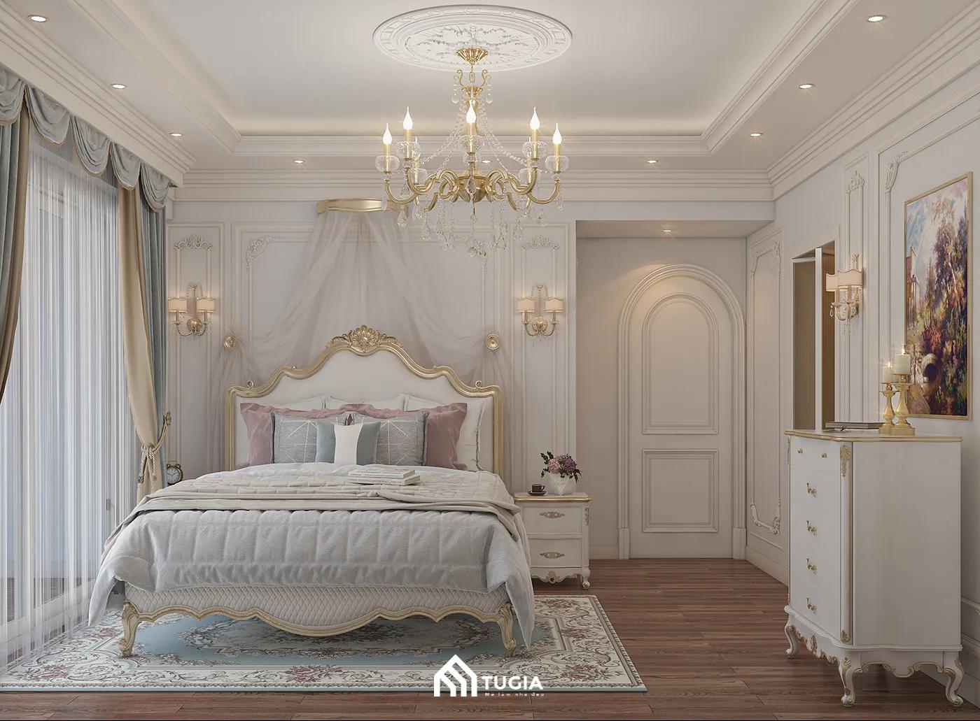 Phòng ngủ cổ điển rộng 25m2 nổi bật với những đường phào chỉ cùng những chi tiết mạ vàng sang trọng