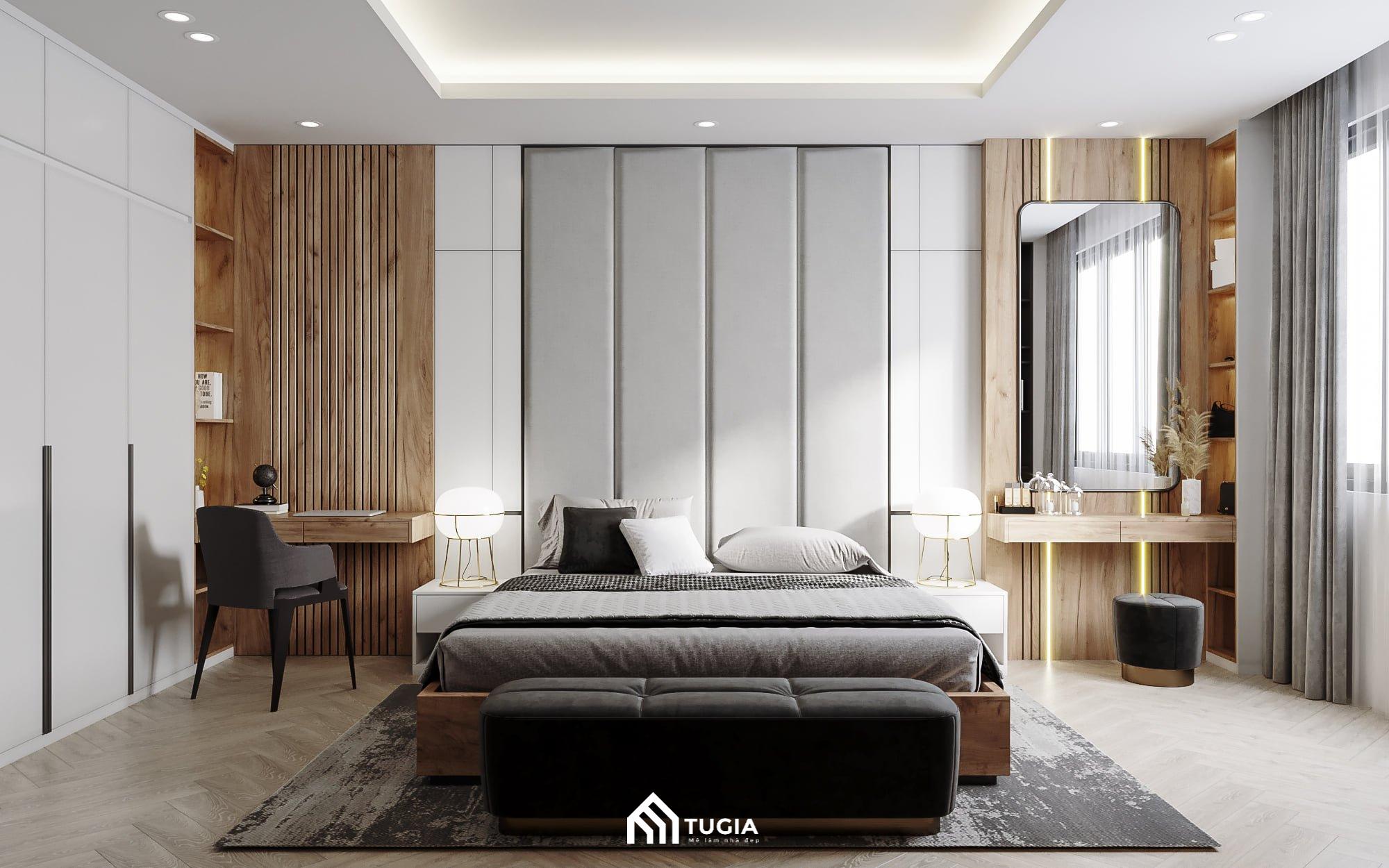 Nội thất trong phòng ngủ master 25m2 hiện đại được lựa chọn đơn giản, gọn gàng nhưng vẫn đầy đủ chức năng
