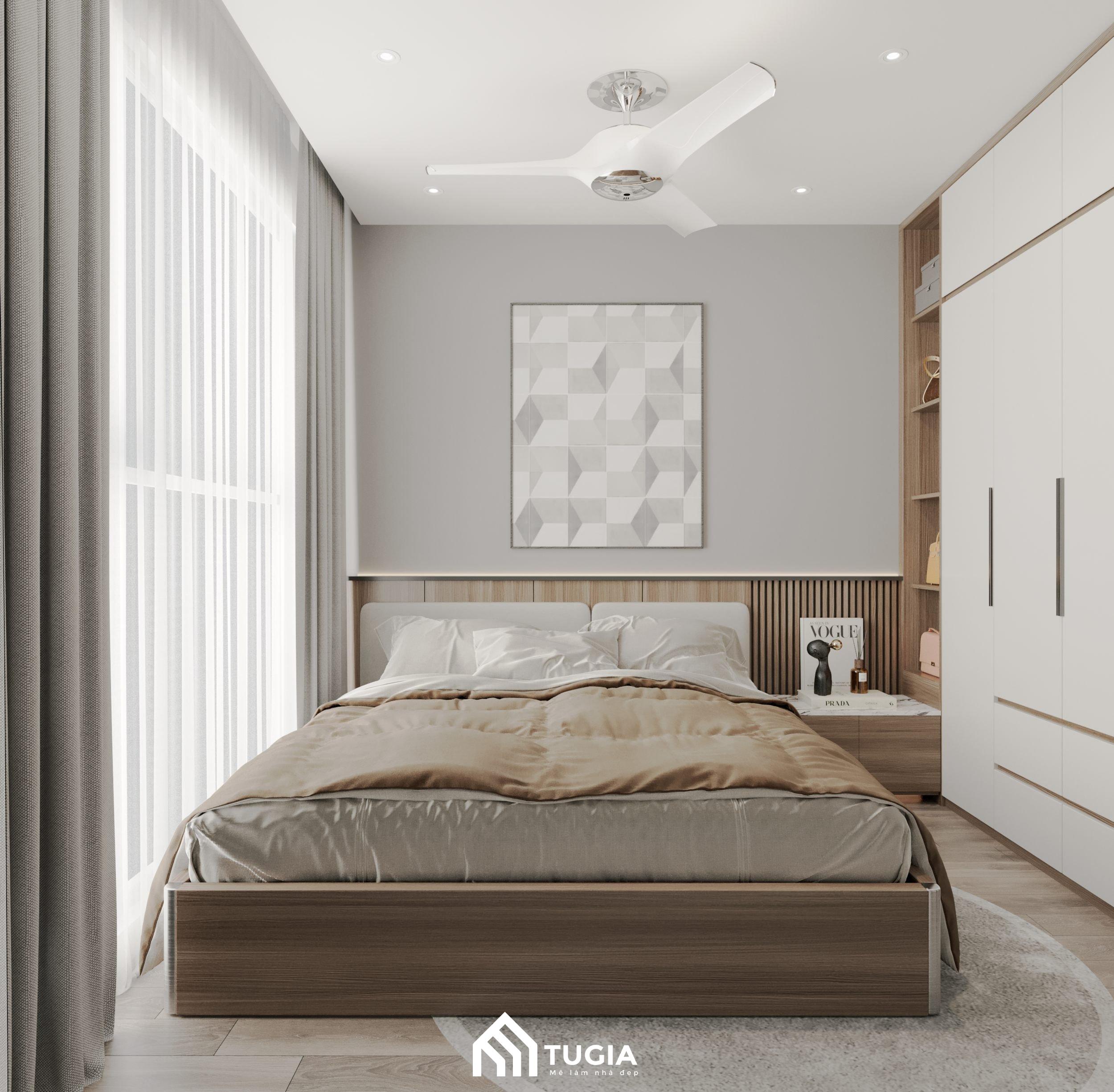 Phòng ngủ chung cư với cửa sổ rộng rãi và thông thoáng để đón ánh sáng tự nhiên là cách bố trí đặc trưng của phong cách hiện đại