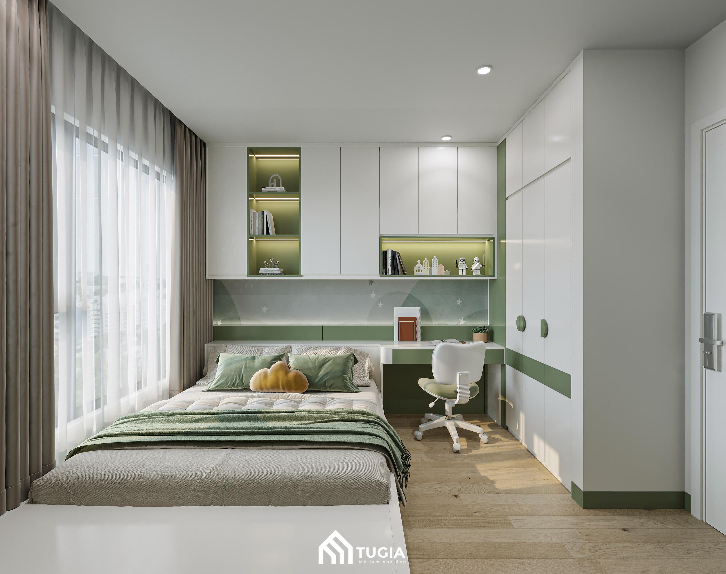 Thiết kế nội thất cho phòng ngủ con trai sáng tạo, nam tính với tone màu xanh lá cây làm chủ đạo