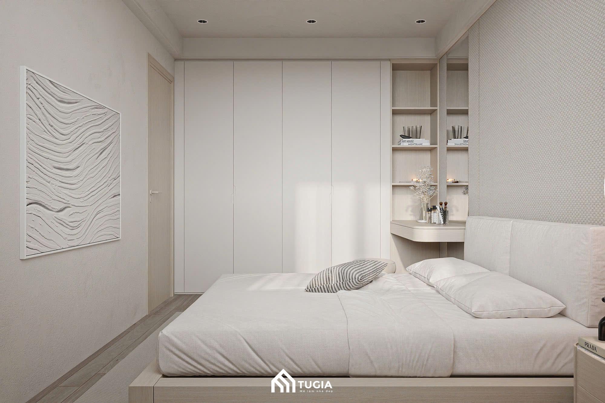 Mẫu thiết kế nội thất phòng ngủ nhỏ tối giản với bảng màu trắng tinh tế và ấm cúng