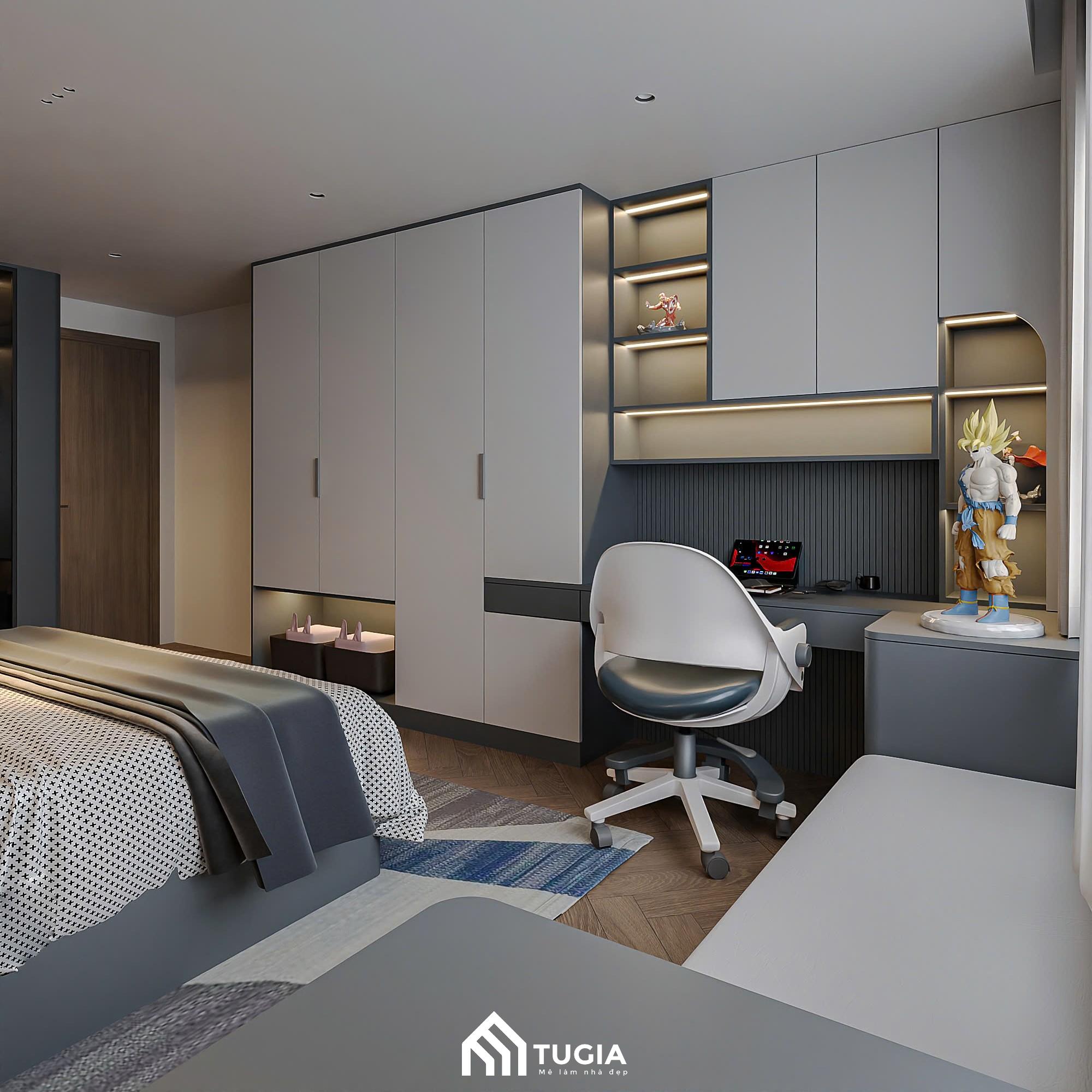 Tủ quần áo được thiết kế âm tường, đi cùng hệ kệ trang trí đặt các mô hình đồ chơi thể hiện cá tính trẻ, thích sưu tầm của trẻ