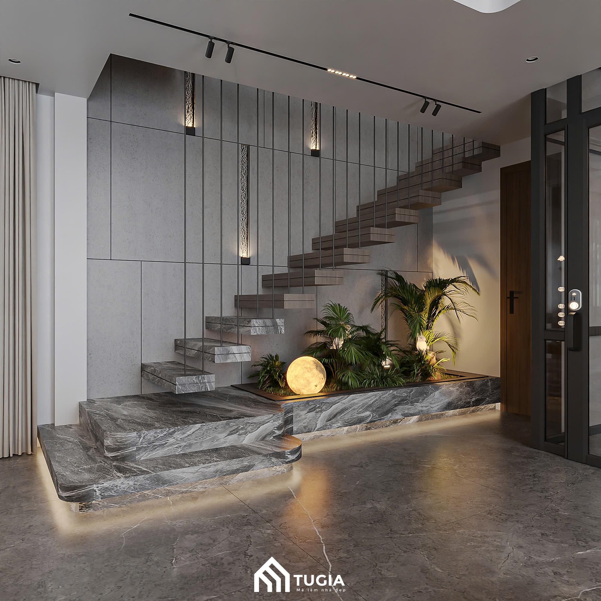Thiết kế cầu thang bay hiện đại nổi bật trên nền tường bê tông trần tạo nên một không gian nội thất sang trọng, tối giản và đầy tính nghệ thuật