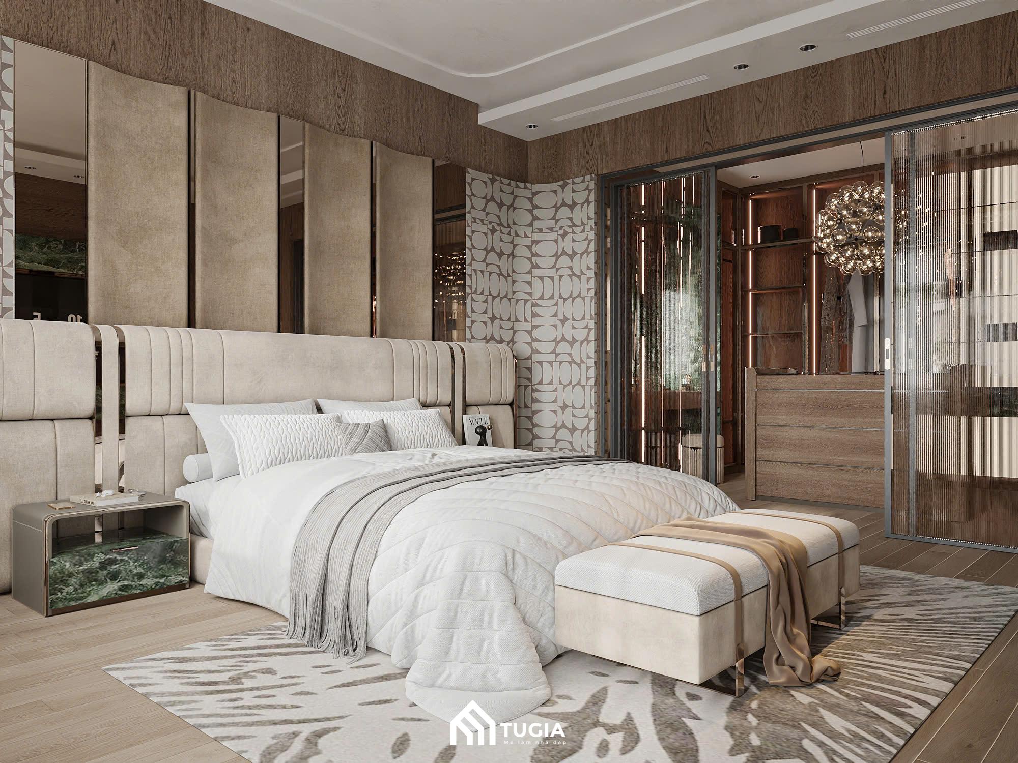 Khu vực thay đồ được bố trí tách biệt tương đối bằng hệ vách kính khung mảnh, vừa đảm bảo sự riêng tư vừa giữ được độ thông thoáng và kết nối không gian