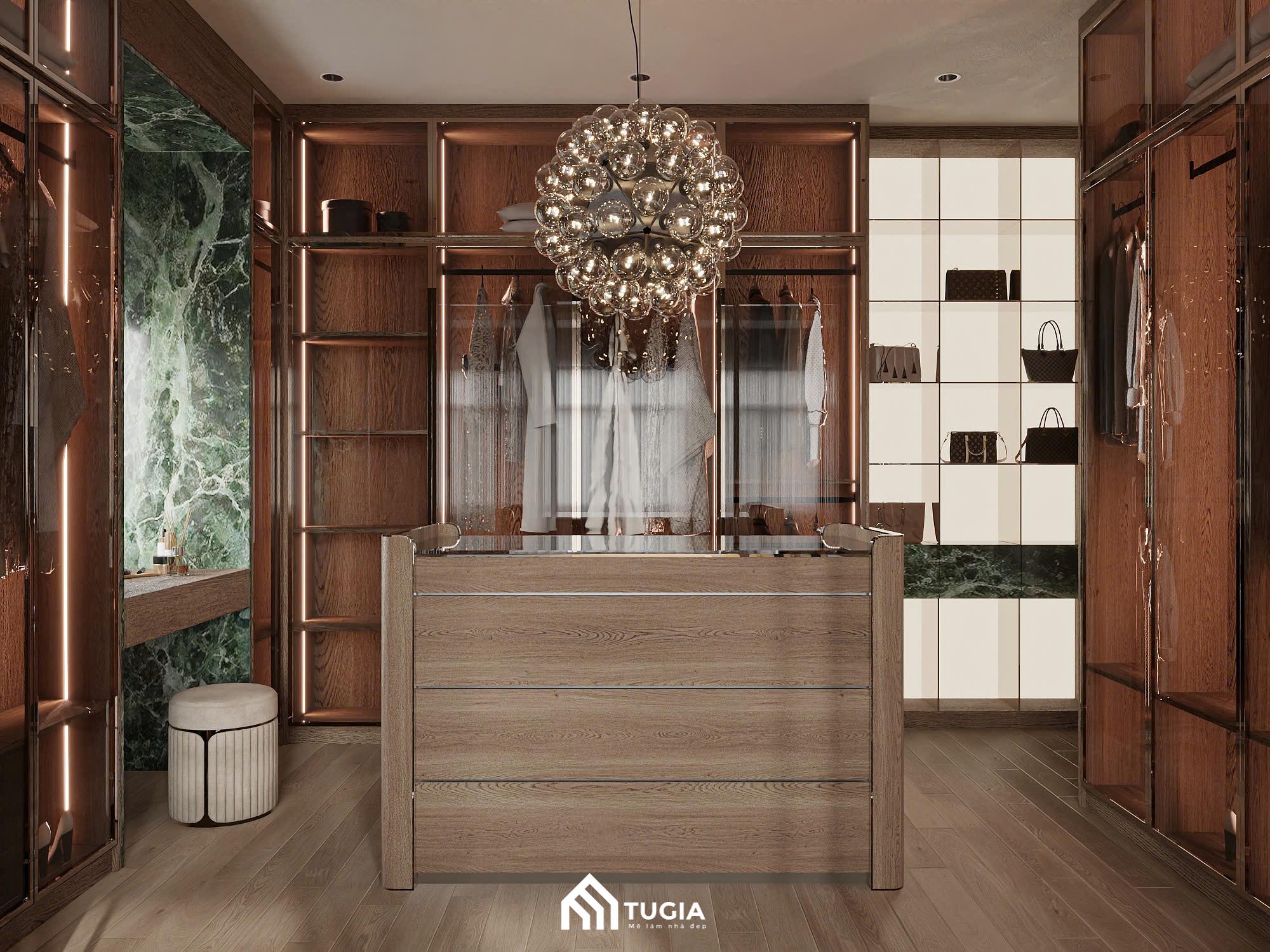Hệ tủ quần áo cao kịch trần với đèn LED âm giúp không gian lưu trữ gọn gàng, thuận tiện trong sinh hoạt hằng ngày
