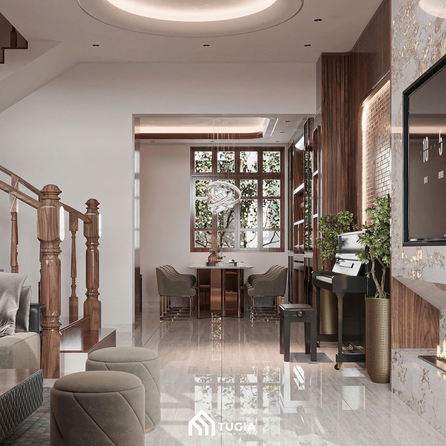 Không gian hành lang kết nối phòng khách và khu vực bếp ăn với điểm nhấn là khu vực chơi piano sang trọng