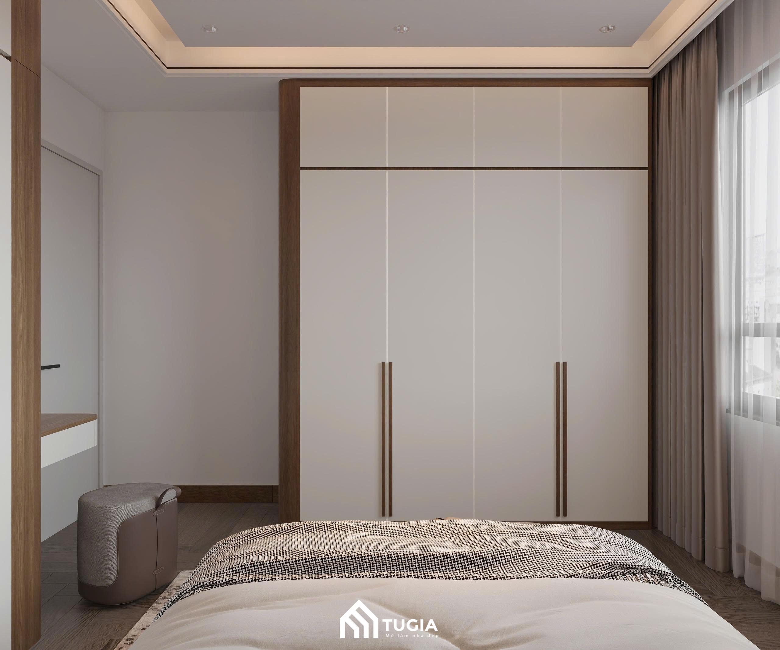 Hệ tủ quần áo kịch trần và bàn trang điểm được bố trí gọn gàng, vừa đảm bảo công năng vừa giữ cho không gian luôn thoáng đãng, sang trọng