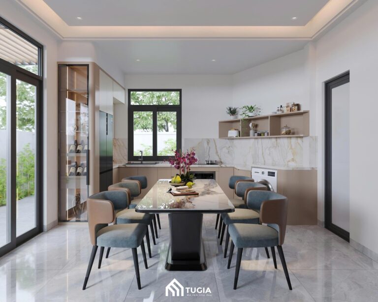 Hệ cửa kính lớn giúp tận dụng tối đa ánh sáng tự nhiên, tạo sự liên kết với không gian bên ngoài, đồng thời mang đến cảm giác rộng rãi và thông thoáng hơn