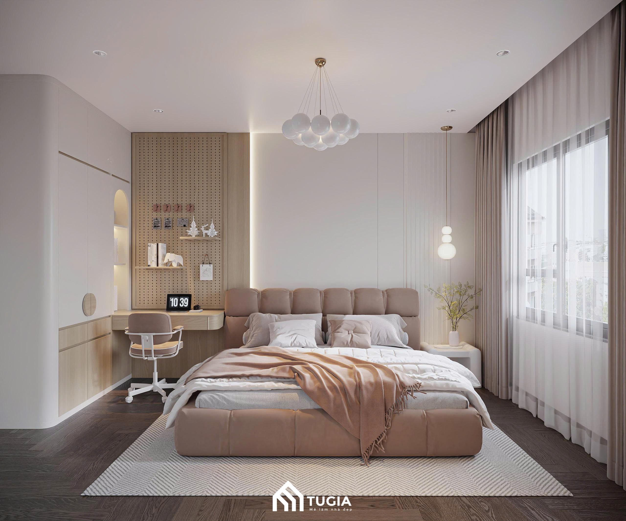 Phòng ngủ cho 2 bé mang một sắc thái nhẹ nhàng và trẻ trung hơn, hướng đến sự thoải mái và linh hoạt trong sinh hoạt