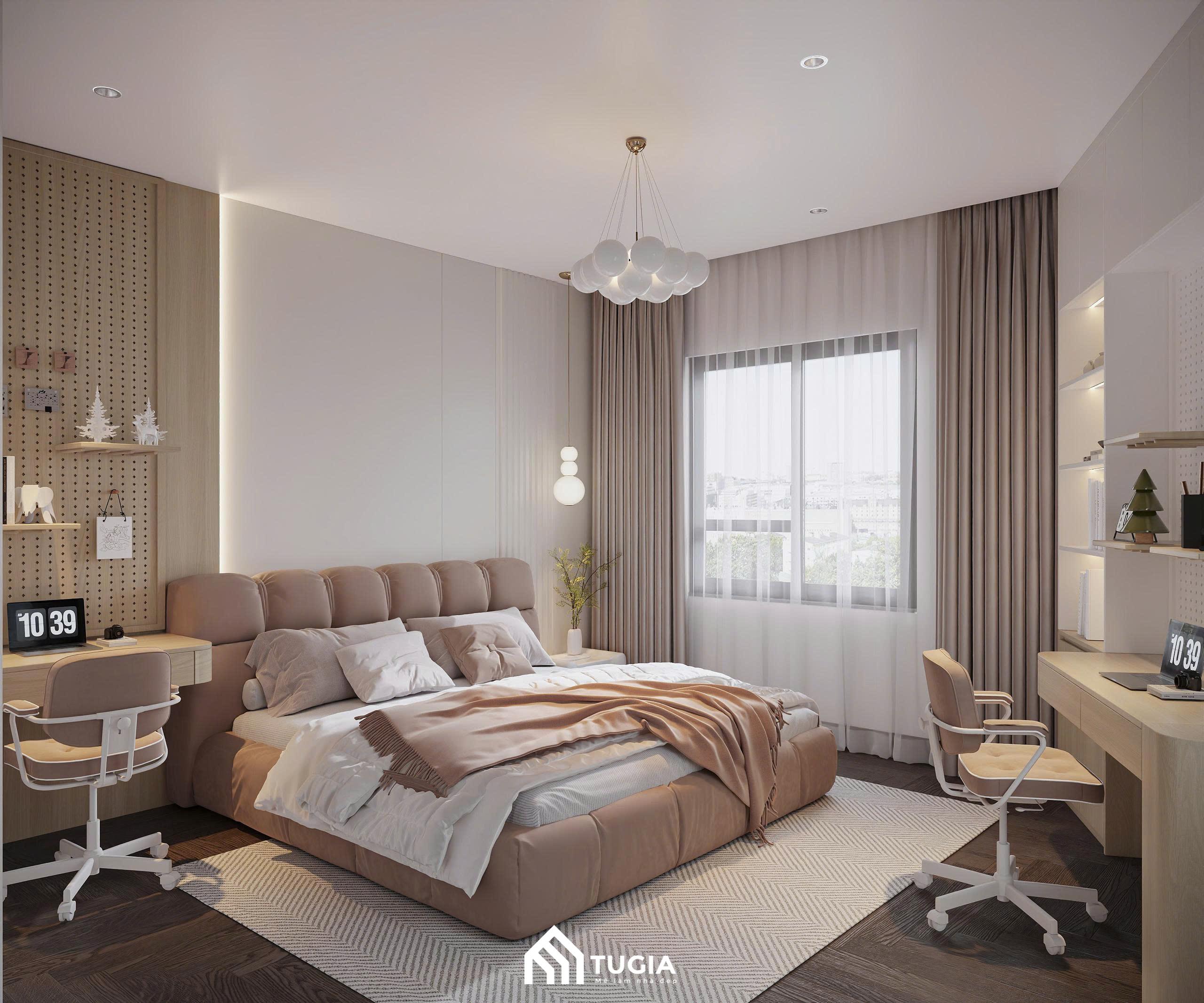 Gam màu be - nâu sữa chủ đạo kết hợp ánh sáng tự nhiên từ cửa sổ lớn giúp căn phòng luôn sáng và dễ chịu