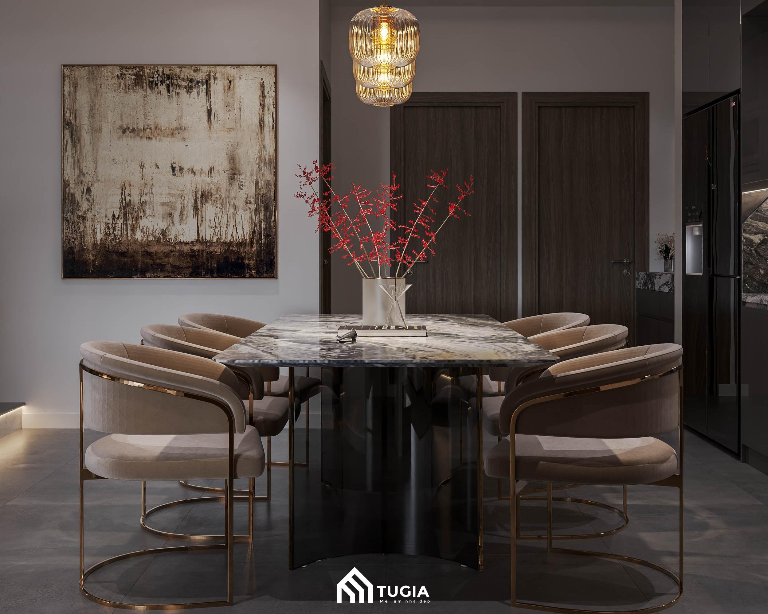 Bộ bàn ghế ăn sang trọng với bàn ăn mặt đá marble cùng ghế ăn đệm bọc nỉ mềm mại