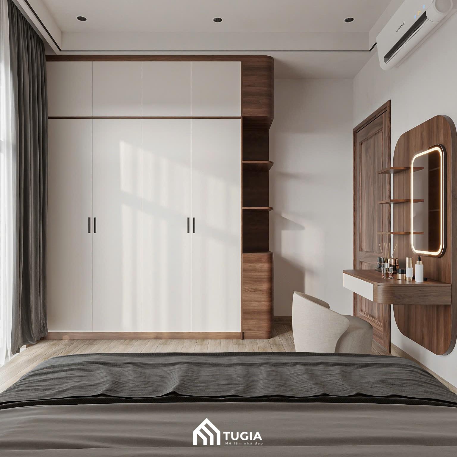 Hệ tủ quần áo cao kịch trần được bố trí liền mạch, giúp tối ưu diện tích lưu trữ