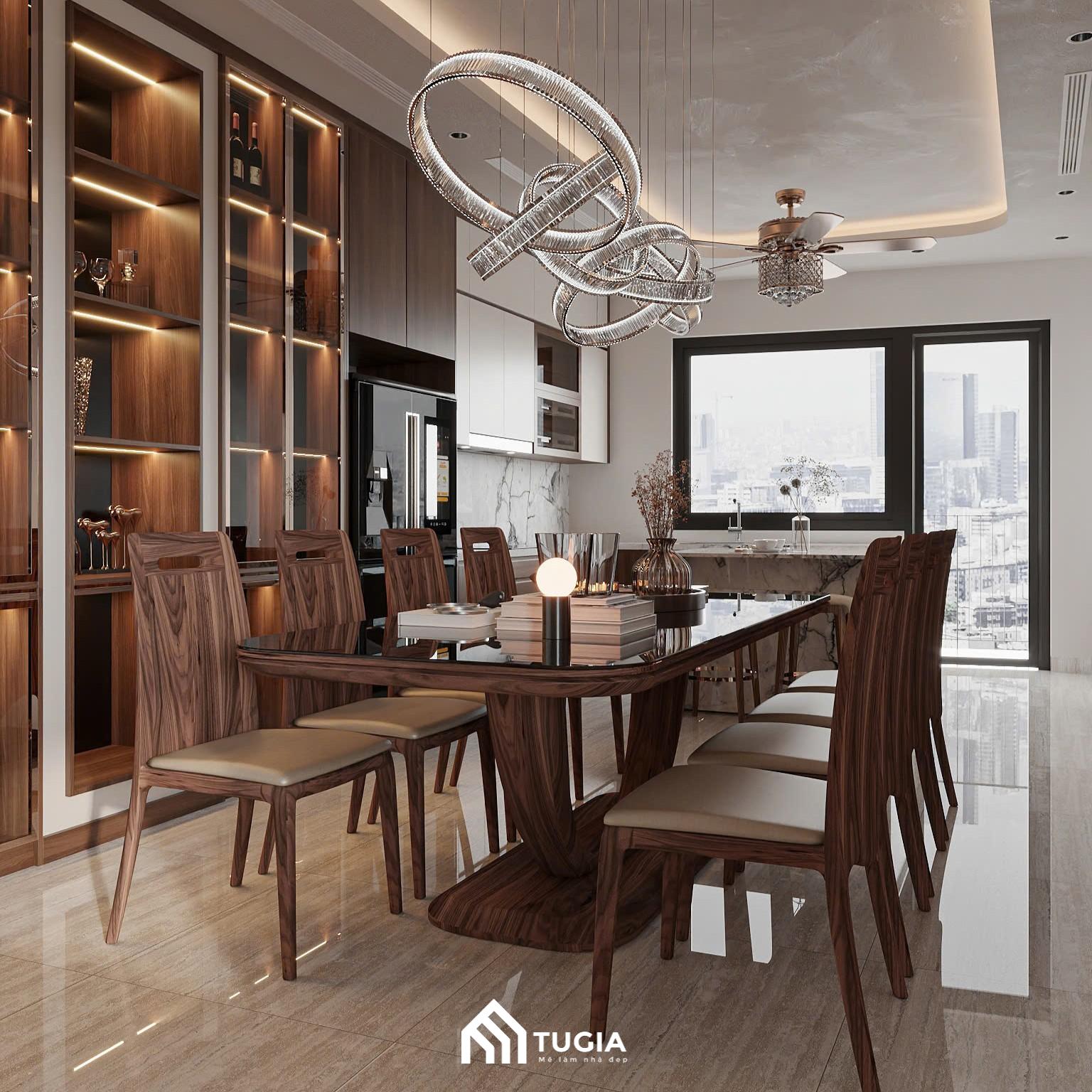 Hệ tủ trưng bày rượu và đồ decor bố trí sát tường vừa tăng tính thẩm mỹ, vừa thể hiện gu thẩm mỹ tinh tế của gia chủ.