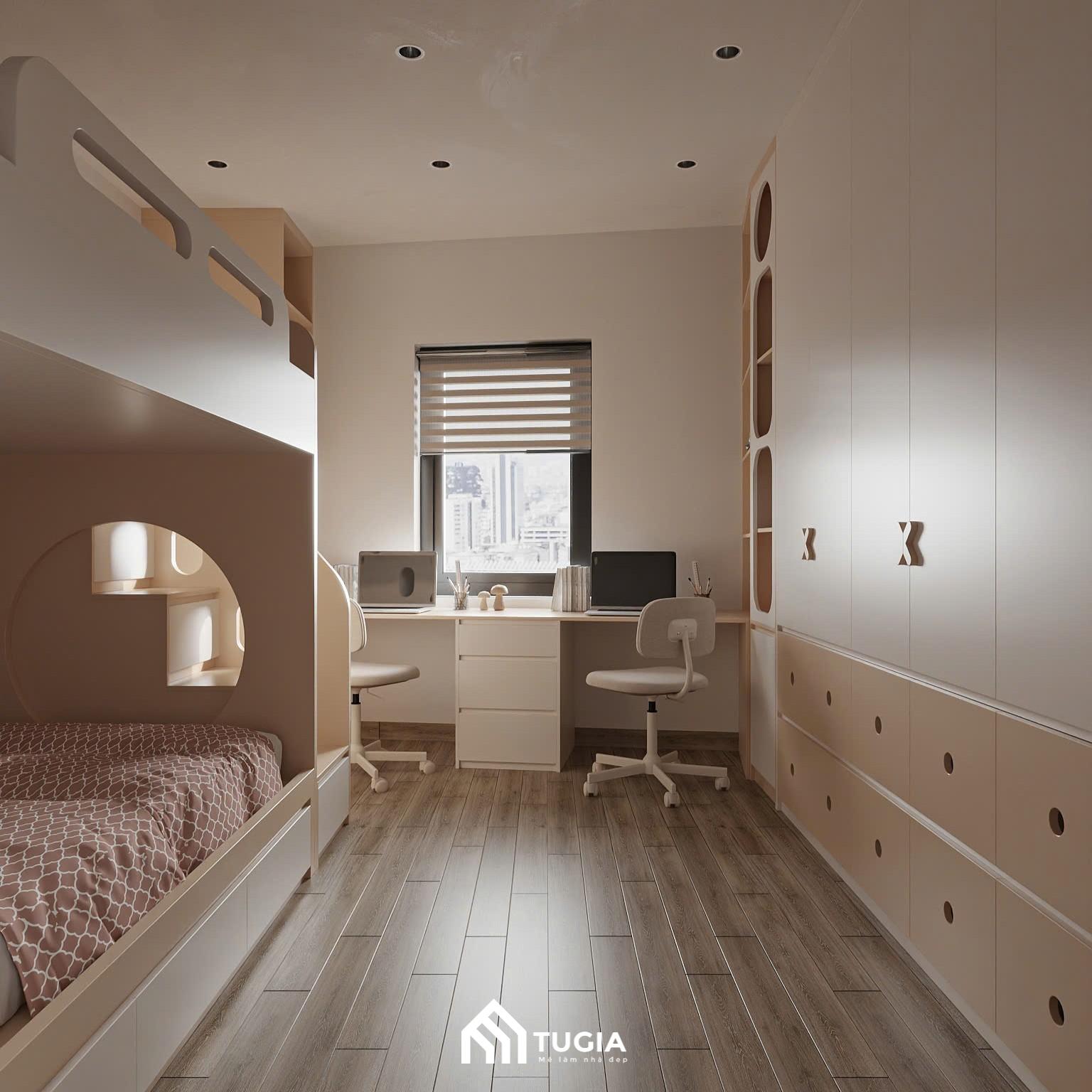 Khu vực bàn học được bố trí sát cửa sổ, tận dụng tối đa ánh sáng tự nhiên, hỗ trợ bé học tập và phát triển tư duy
