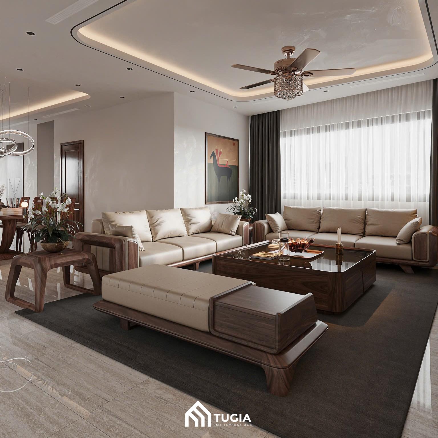 Phòng khách sang trọng với hệ sofa đệm kết hợp chất liệu gỗ gõ đỏ tự nhiên với màu sắc nổi bật
