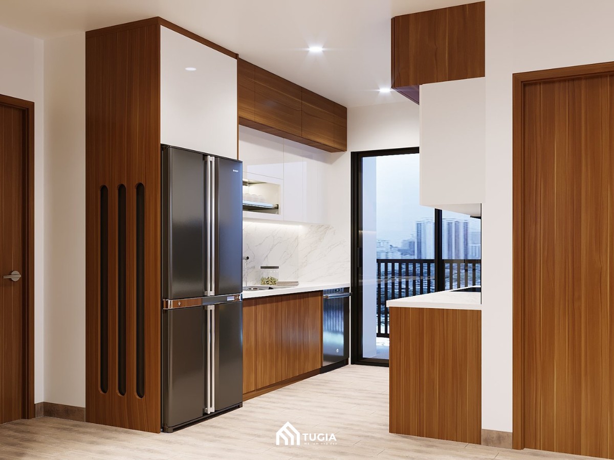 Bố trí tủ bếp chung cư song song phù hợp với căn hộ có 2 phòng ngủ đặt 2 bên