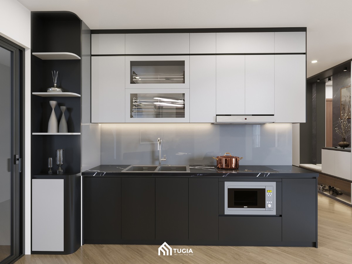 Thiết kế nội thất nhà bếp chung cư tối giản hình chữ I sẽ giúp tối ưu chi phí