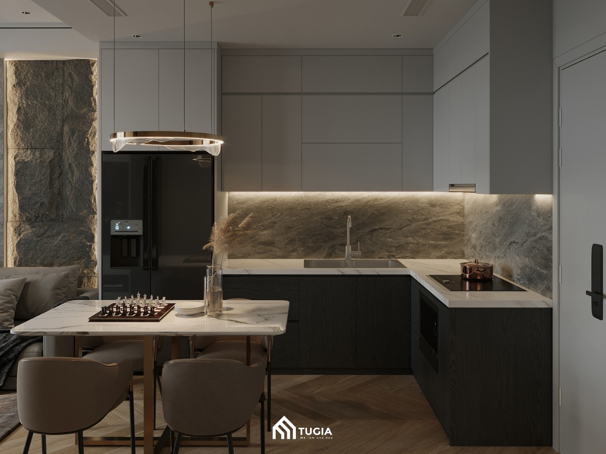 Thiết kế phòng bếp chung cư đẹp đơn giản liền thông với phòng khách đang là xu hướng phổ biến hiện nay